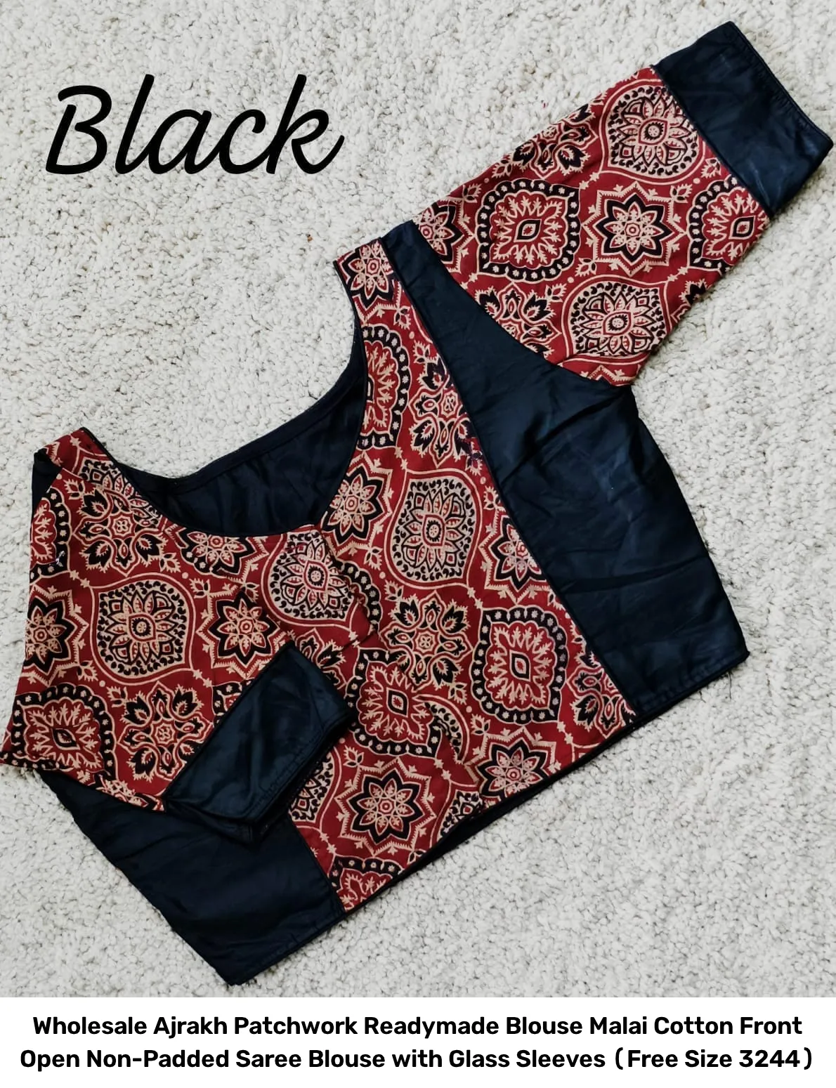 Wholesale Ajrakh Patchwork Readymade Blouse – Malai Cotton Front Open Non-Padded Saree Blouse with Glass Sleeves (Free Size 32–44) 4