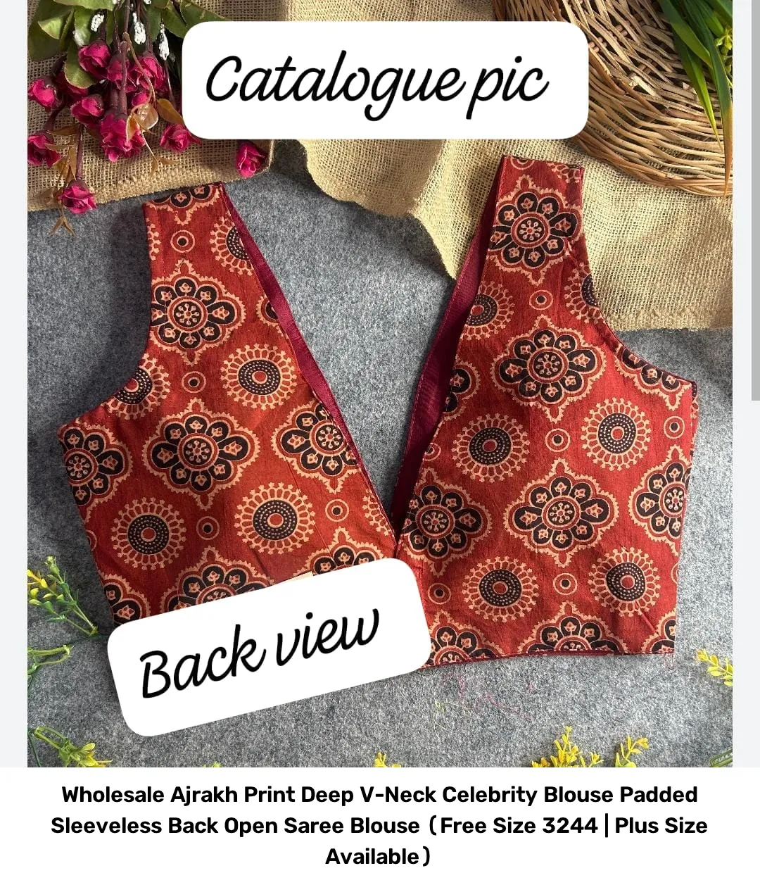 Wholesale Ajrakh Print Deep V-Neck Celebrity Blouse – Padded Sleeveless Back Open Saree Blouse (Free Size 32–44 | Plus Size Available) 2