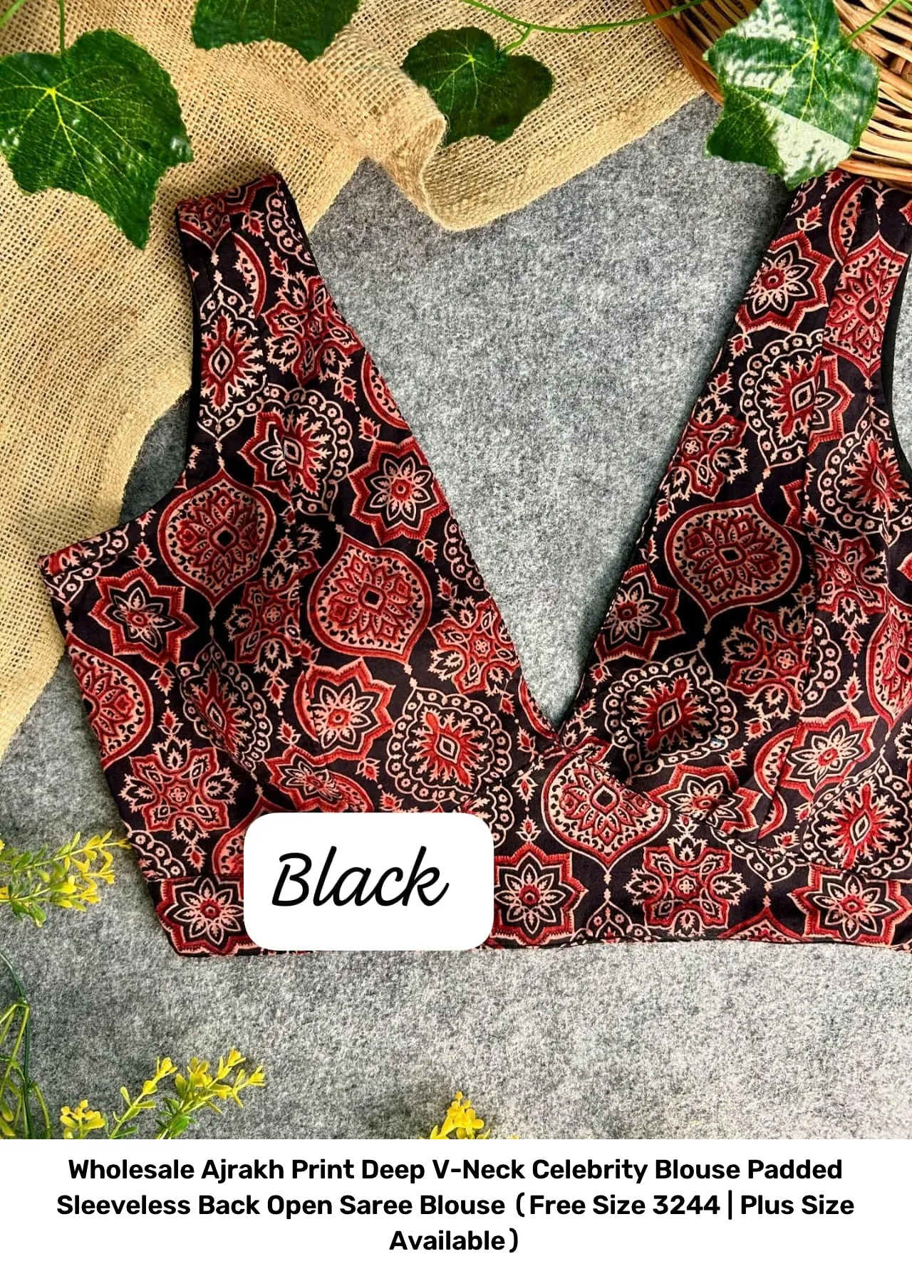 Wholesale Ajrakh Print Deep V-Neck Celebrity Blouse – Padded Sleeveless Back Open Saree Blouse (Free Size 32–44 | Plus Size Available) 3
