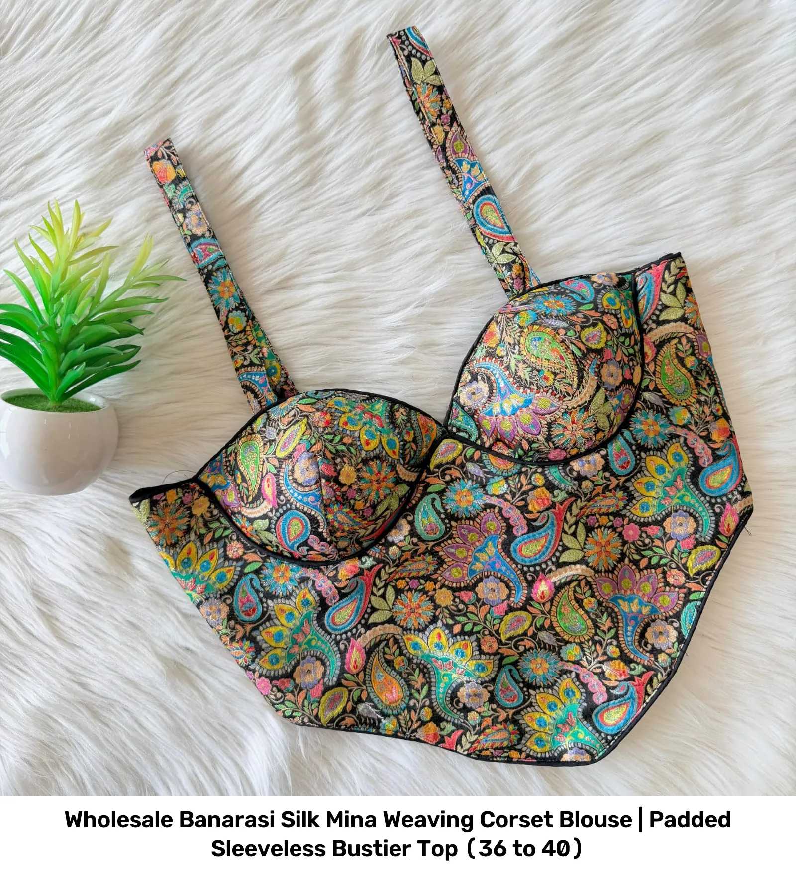 Wholesale Banarasi Silk Mina Weaving Corset Blouse | Padded Sleeveless Bustier Top (36 to 40) 10