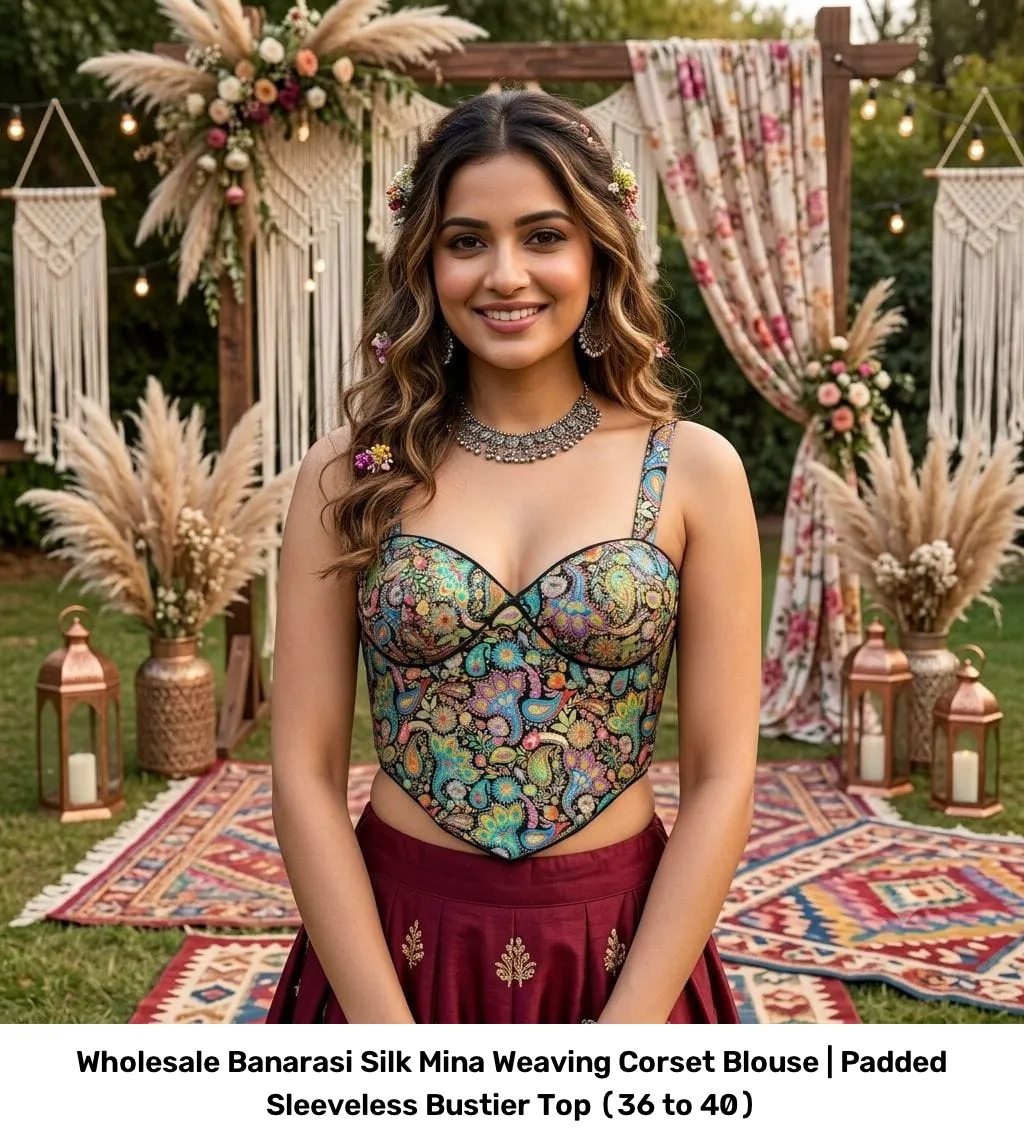 Wholesale Banarasi Silk Mina Weaving Corset Blouse | Padded Sleeveless Bustier Top (36 to 40) 11