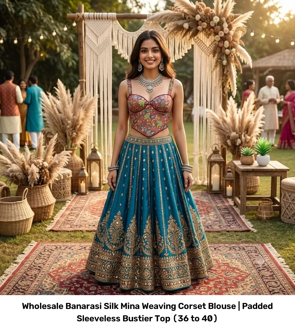 Wholesale Banarasi Silk Mina Weaving Corset Blouse | Padded Sleeveless Bustier Top (36 to 40) 12