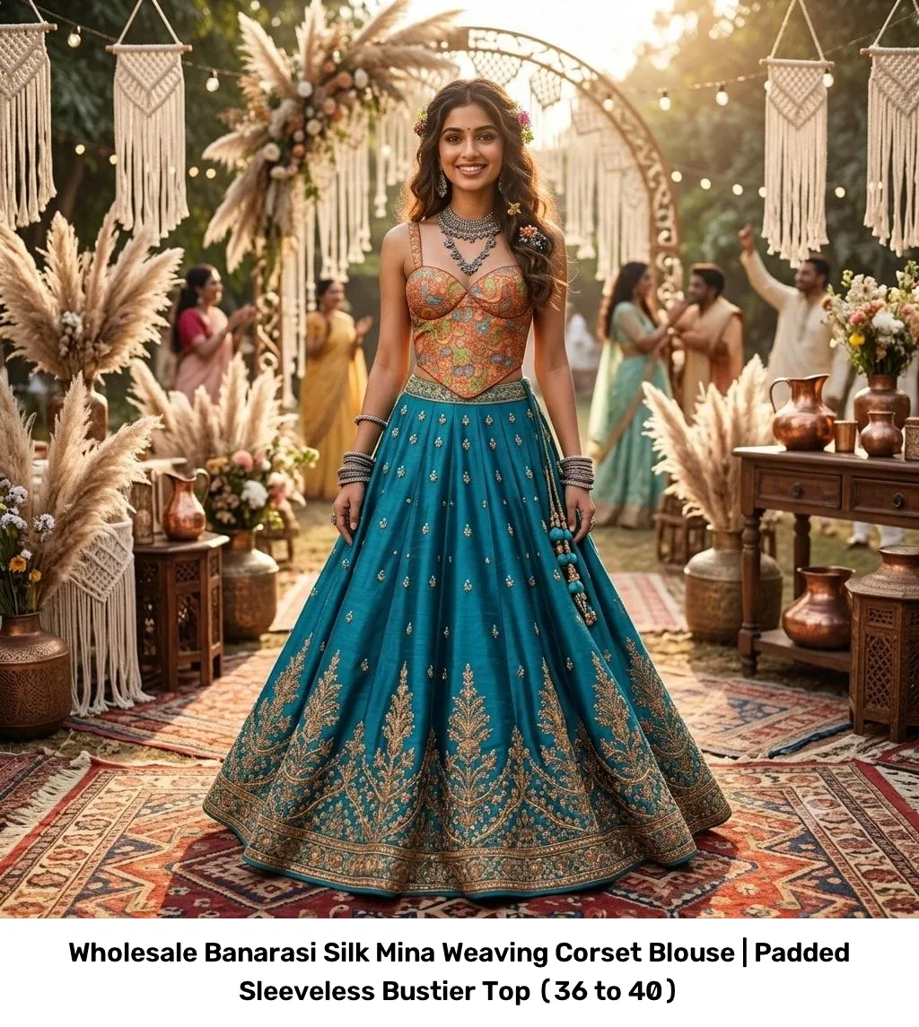 Wholesale Banarasi Silk Mina Weaving Corset Blouse | Padded Sleeveless Bustier Top (36 to 40) 13
