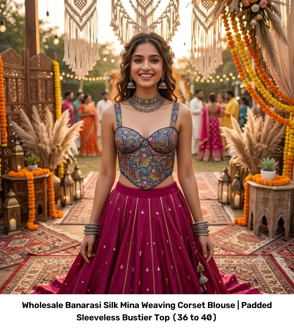 Wholesale Banarasi Silk Mina Weaving Corset Blouse | Padded Sleeveless Bustier Top (36 to 40) 2