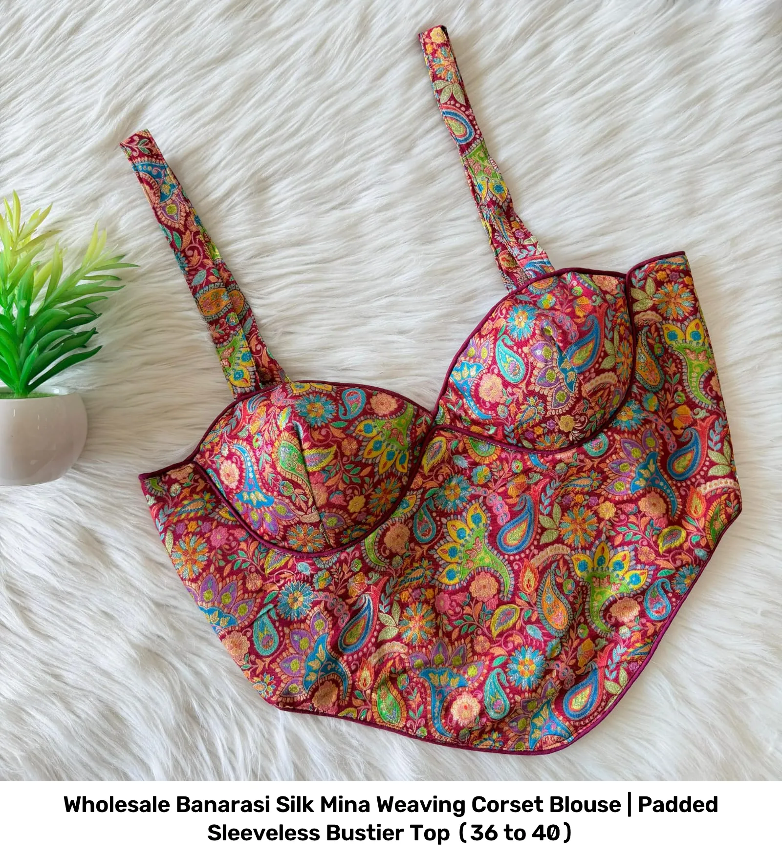 Wholesale Banarasi Silk Mina Weaving Corset Blouse | Padded Sleeveless Bustier Top (36 to 40) 3