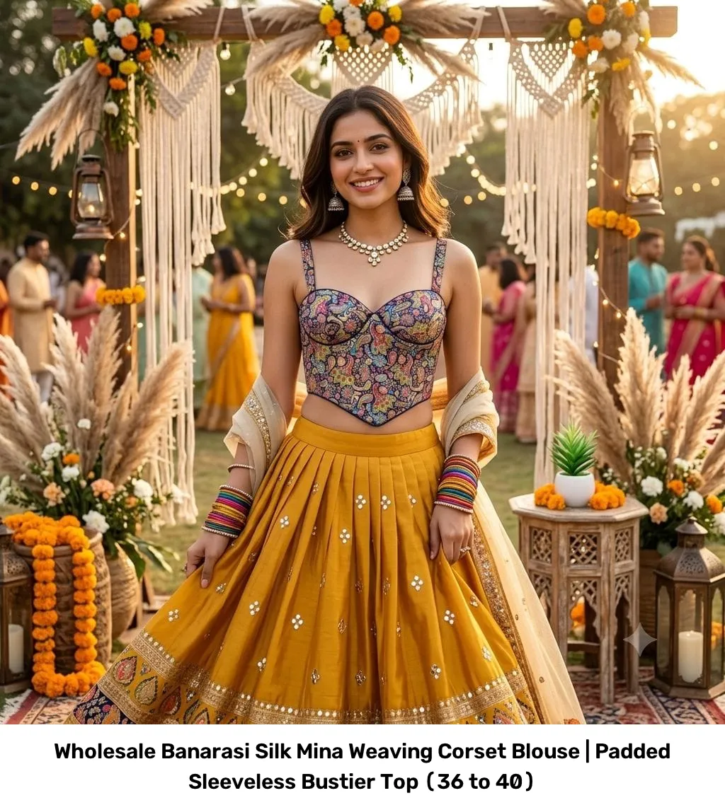 Wholesale Banarasi Silk Mina Weaving Corset Blouse | Padded Sleeveless Bustier Top (36 to 40) 4