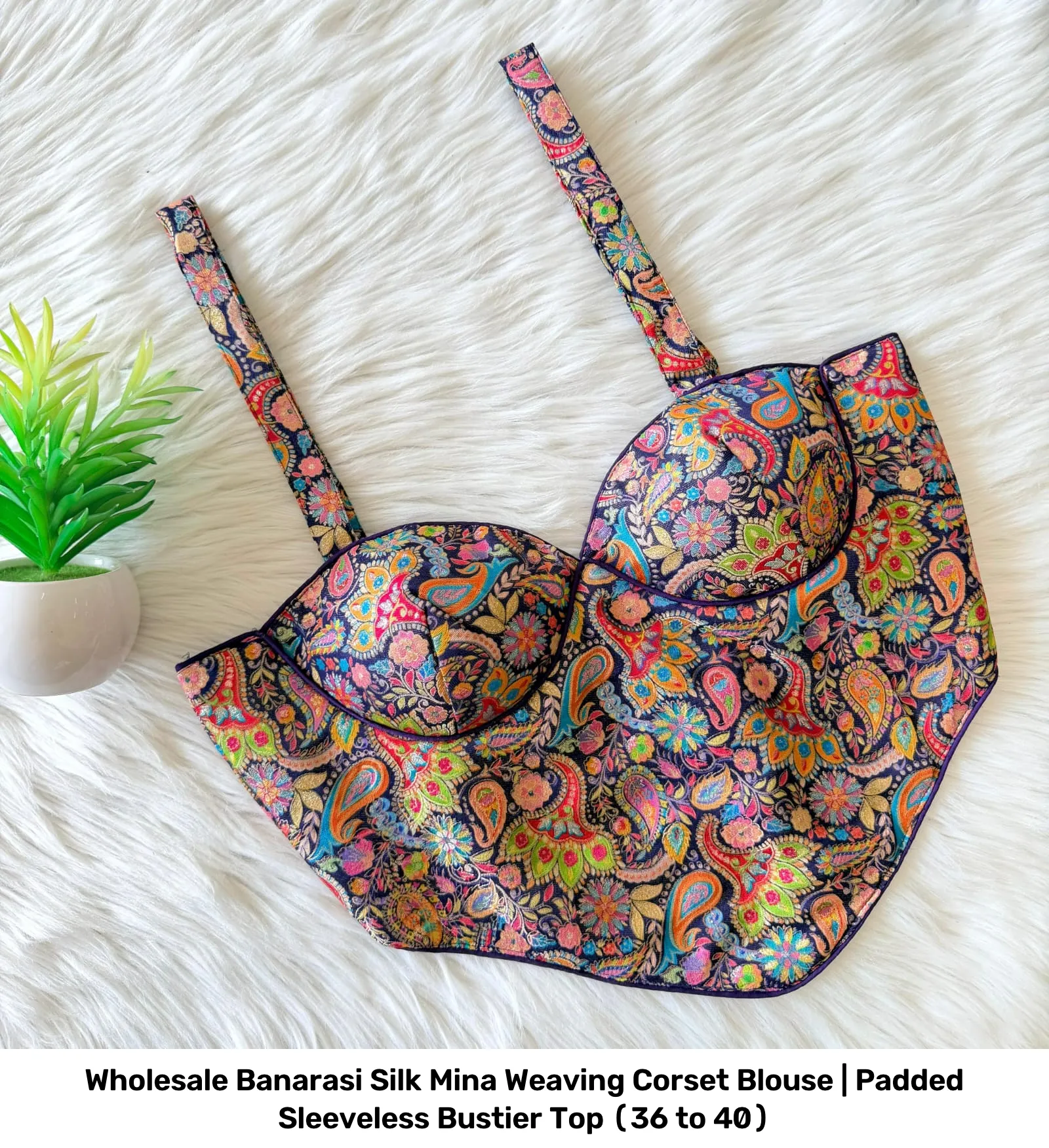 Wholesale Banarasi Silk Mina Weaving Corset Blouse | Padded Sleeveless Bustier Top (36 to 40) 5