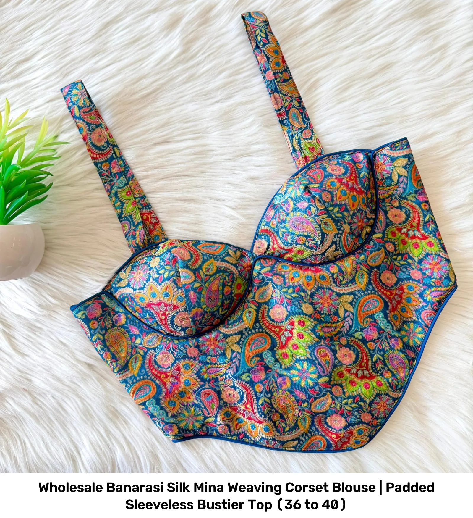 Wholesale Banarasi Silk Mina Weaving Corset Blouse | Padded Sleeveless Bustier Top (36 to 40) 7