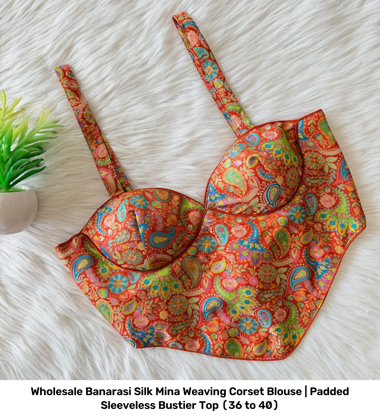 Wholesale Banarasi Silk Mina Weaving Corset Blouse | Padded Sleeveless Bustier Top (36 to 40) 9