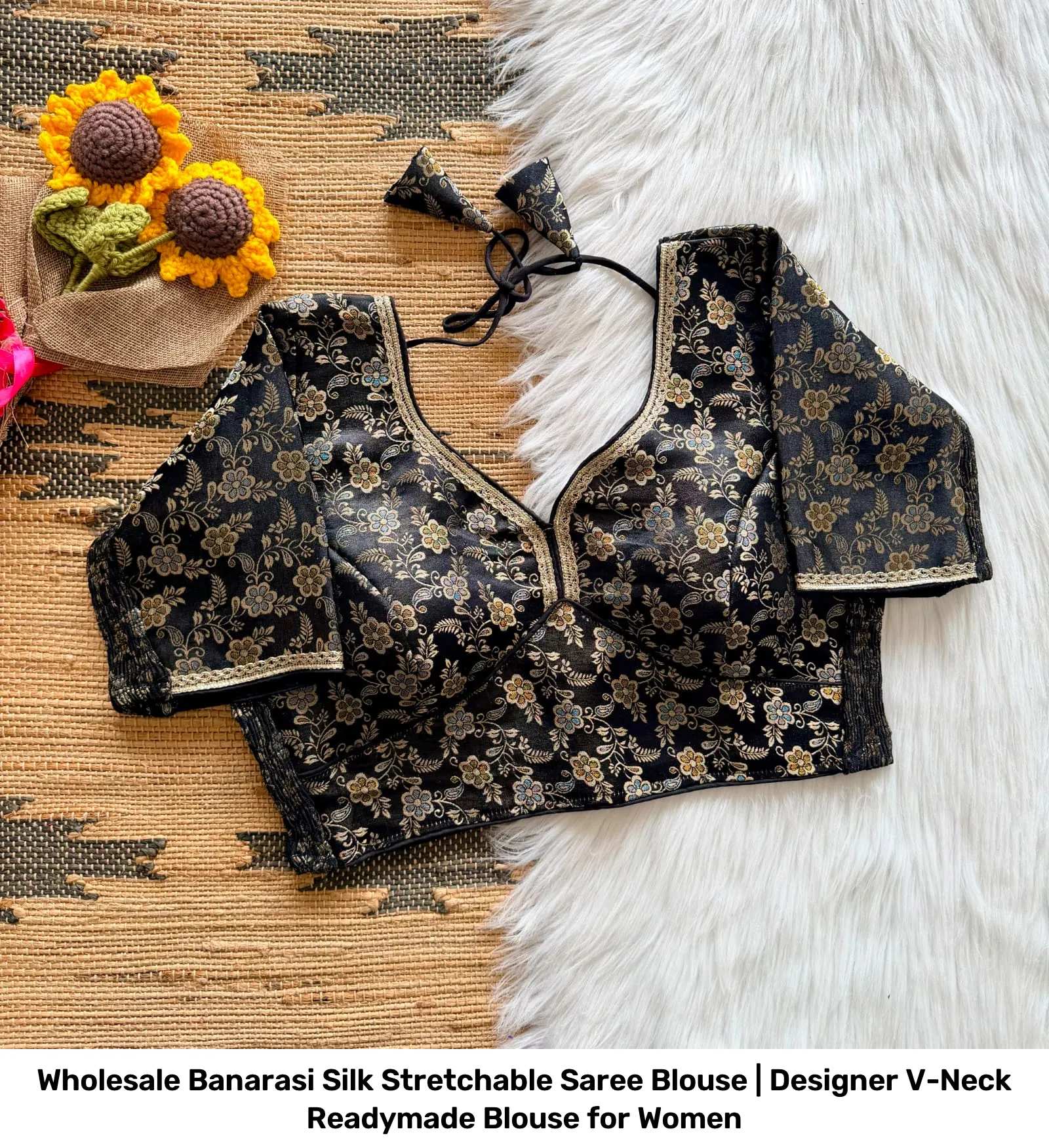 Wholesale Banarasi Silk Stretchable Saree Blouse | Designer V-Neck Readymade Blouse for Women 2