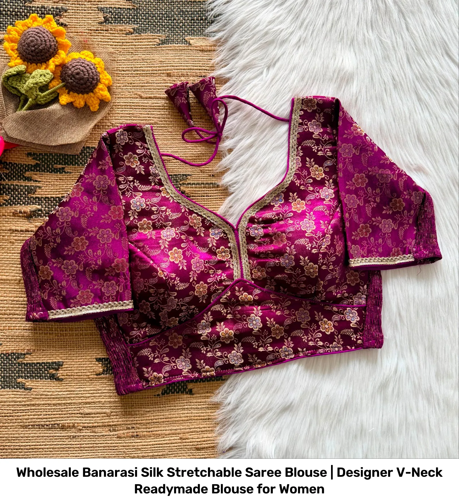Wholesale Banarasi Silk Stretchable Saree Blouse | Designer V-Neck Readymade Blouse for Women 3