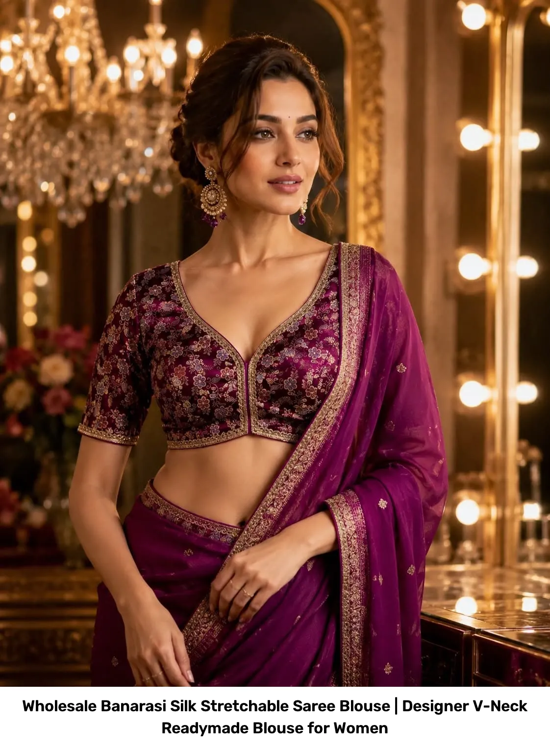 Wholesale Banarasi Silk Stretchable Saree Blouse | Designer V-Neck Readymade Blouse for Women 8