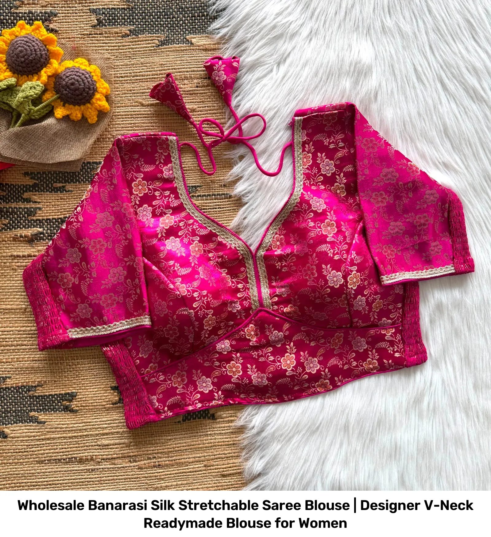 Wholesale Banarasi Silk Stretchable Saree Blouse | Designer V-Neck Readymade Blouse for Women 9