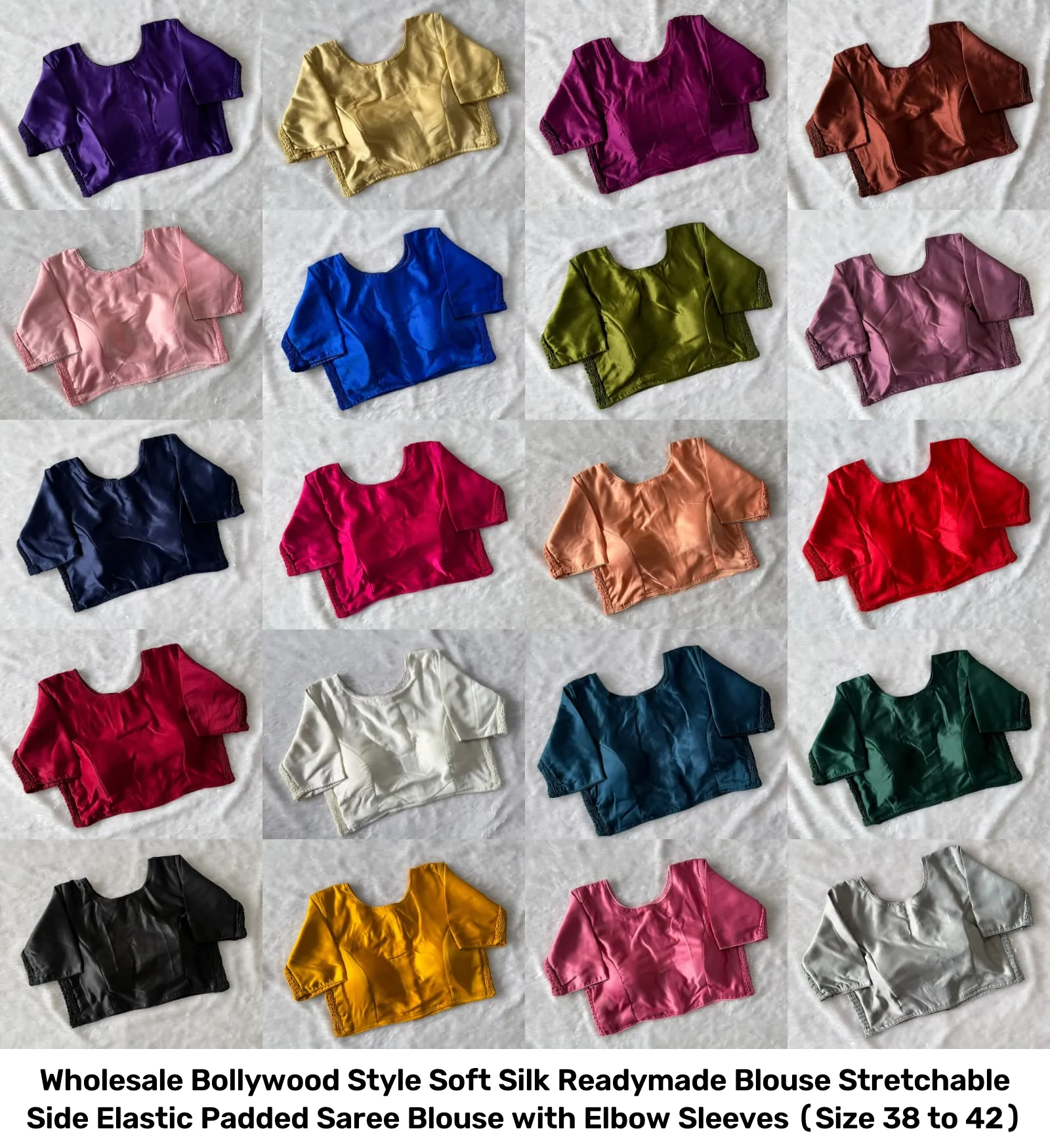 Wholesale Bollywood Style Soft Silk Readymade Blouse – Stretchable Side Elastic Padded Saree Blouse with Elbow Sleeves (Size 38 to 42) 7