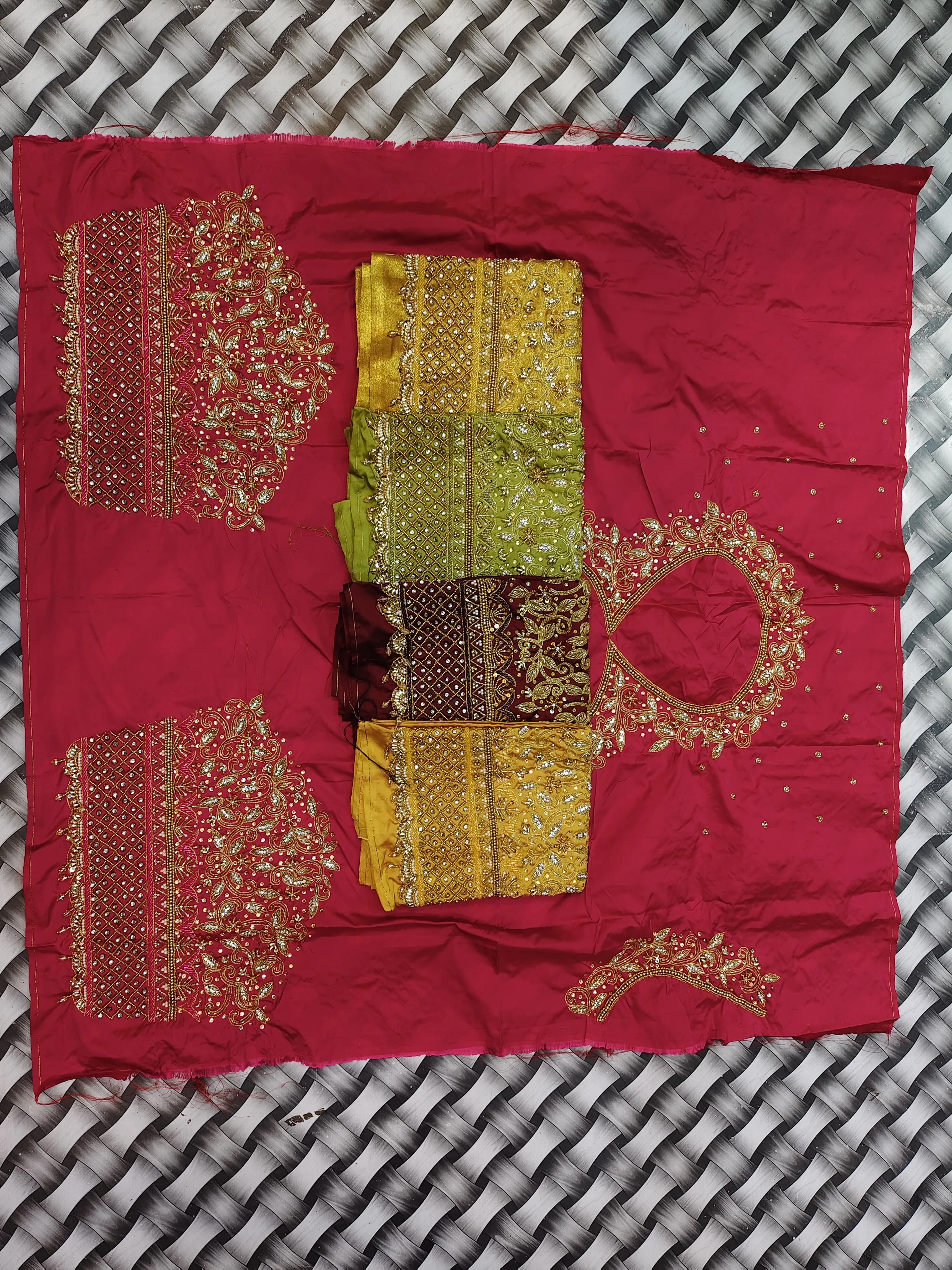 Wholesale Bridal Silk Aari Embroidery Blouse Fabric – Heavy Sleeve Jaal Pattern in Rani Pink & Multicolors