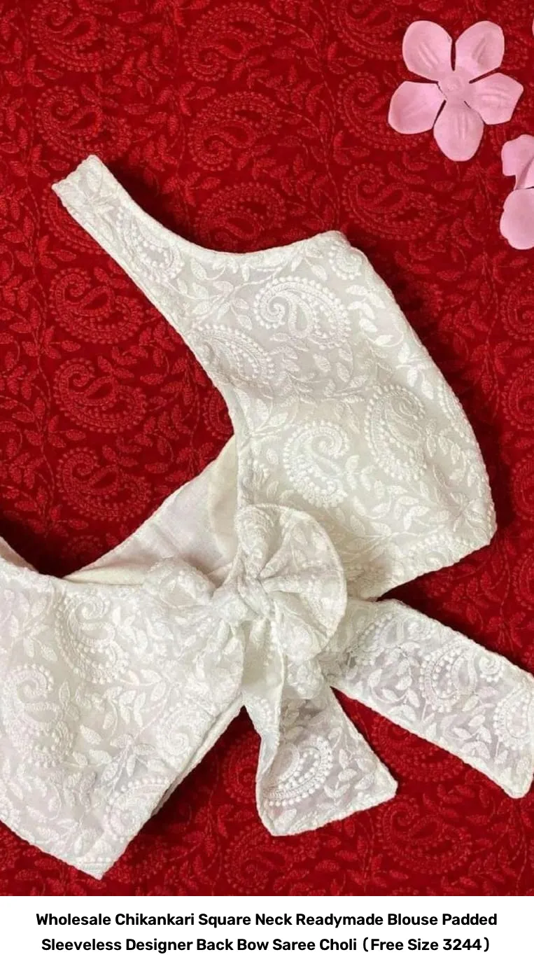Wholesale Chikankari Square Neck Readymade Blouse – Padded Sleeveless Designer Back Bow Saree Choli (Free Size 32–44) 2