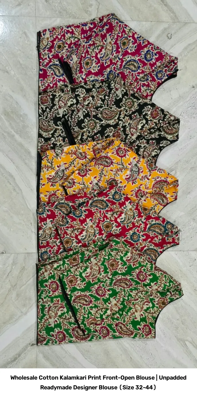 Wholesale Cotton Kalamkari Print Front-Open Blouse | Unpadded Readymade Designer Blouse (Size 32-44) 2