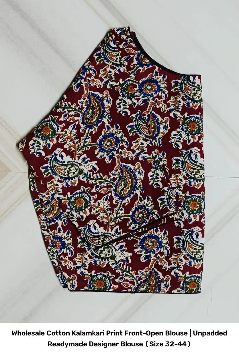 Wholesale Cotton Kalamkari Print Front-Open Blouse | Unpadded Readymade Designer Blouse (Size 32-44) 4