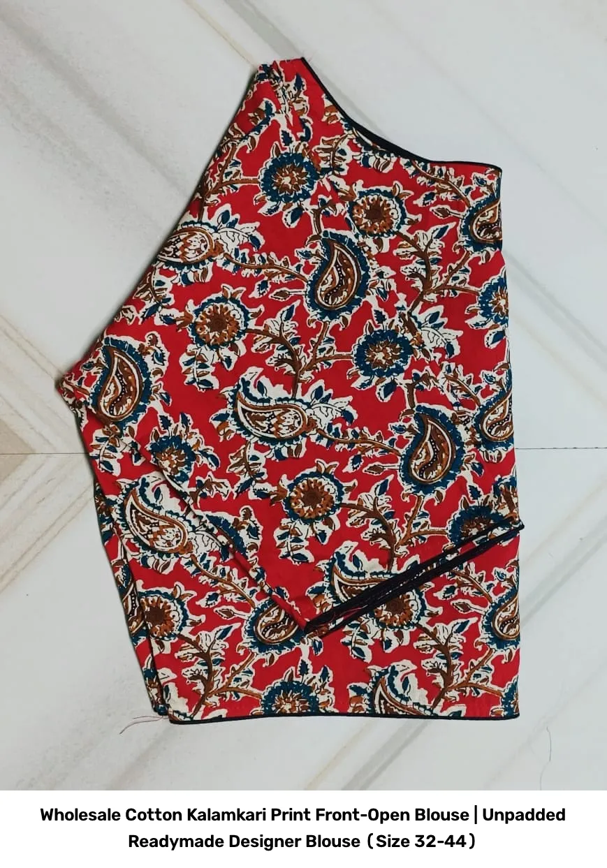 Wholesale Cotton Kalamkari Print Front-Open Blouse | Unpadded Readymade Designer Blouse (Size 32-44) 8
