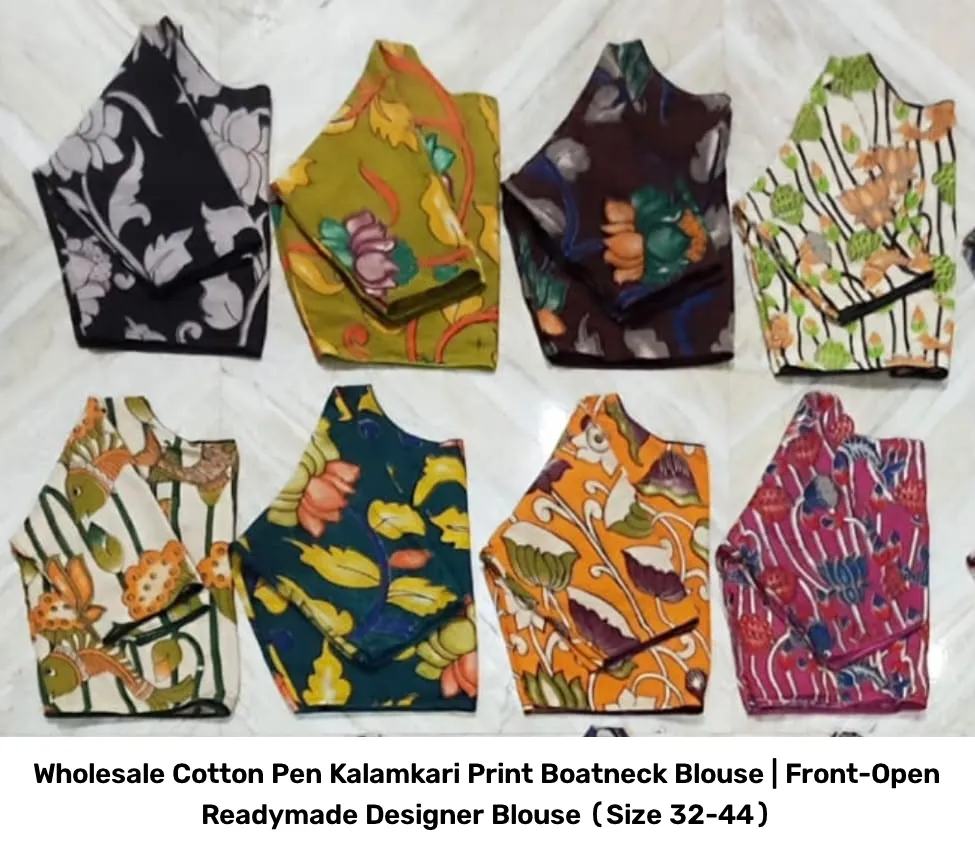 Wholesale Cotton Pen Kalamkari Print Boatneck Blouse | Front-Open Readymade Designer Blouse (Size 32-44) 2