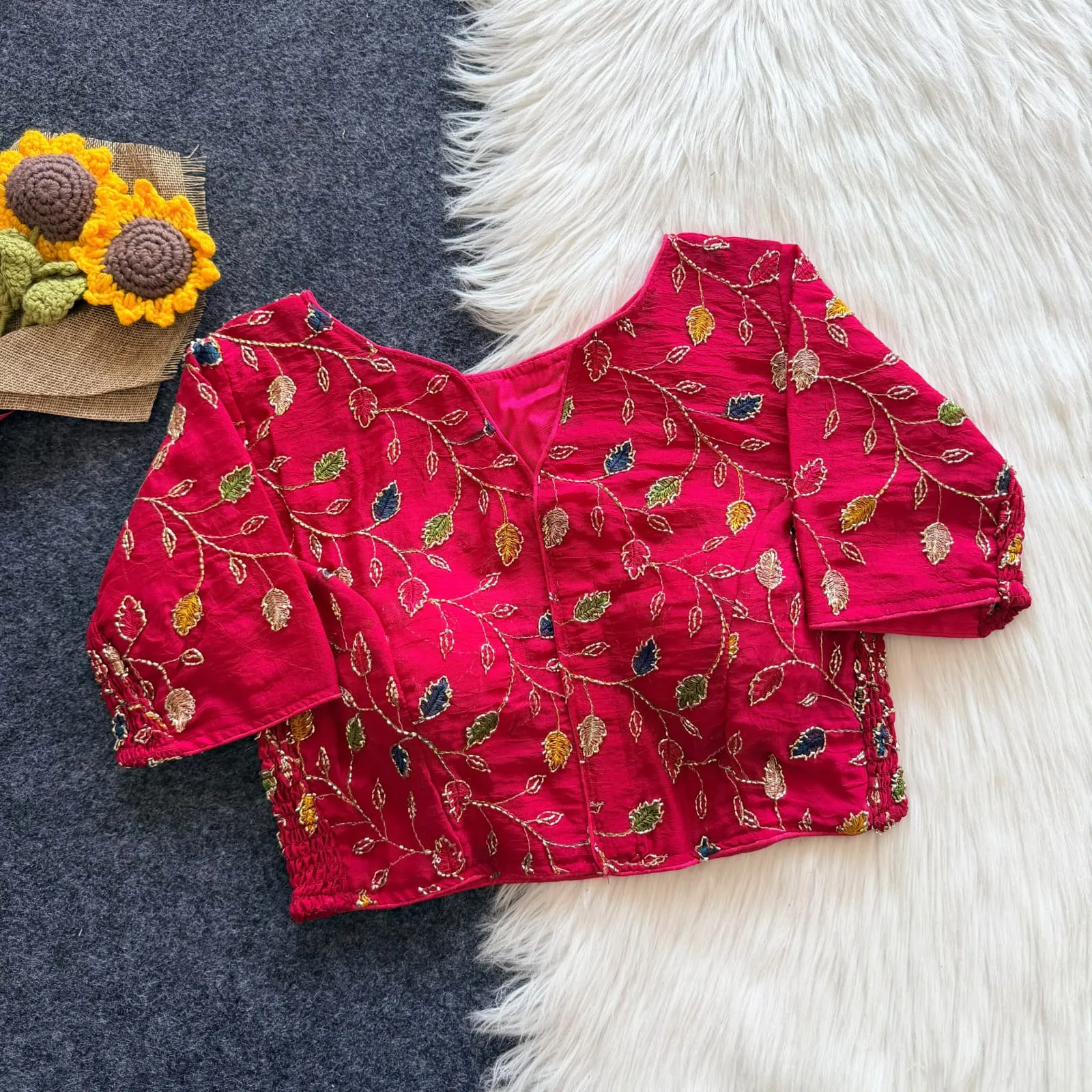 Wholesale Crush Silk Floral Embroidered Readymade Blouse | Side Elastic Stretchable (38 to 42)