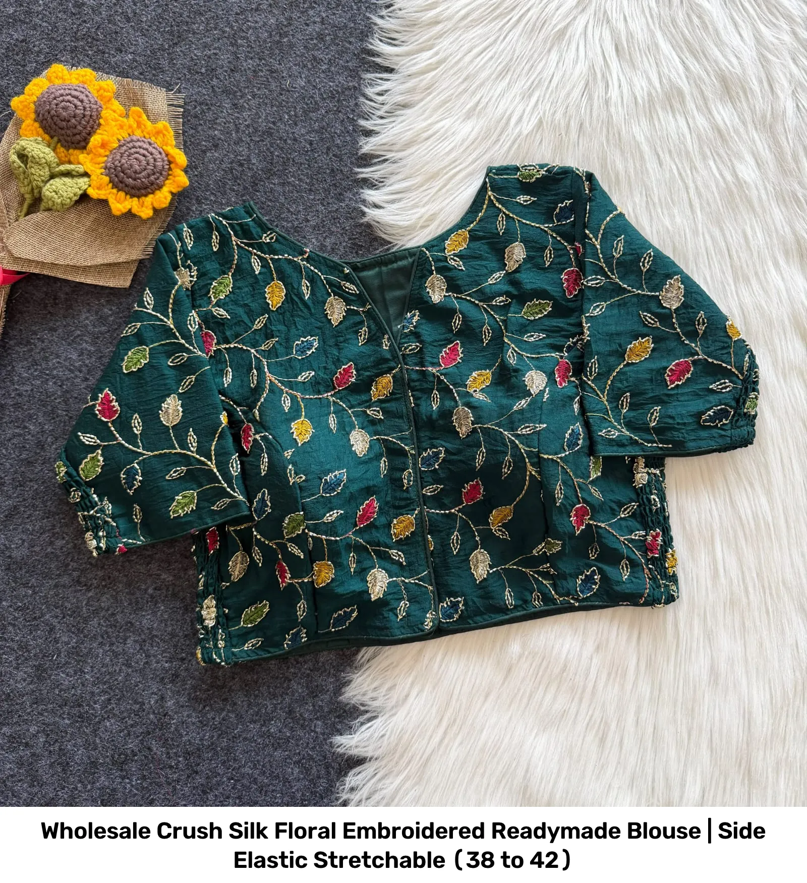 Wholesale Crush Silk Floral Embroidered Readymade Blouse | Side Elastic Stretchable (38 to 42) 2