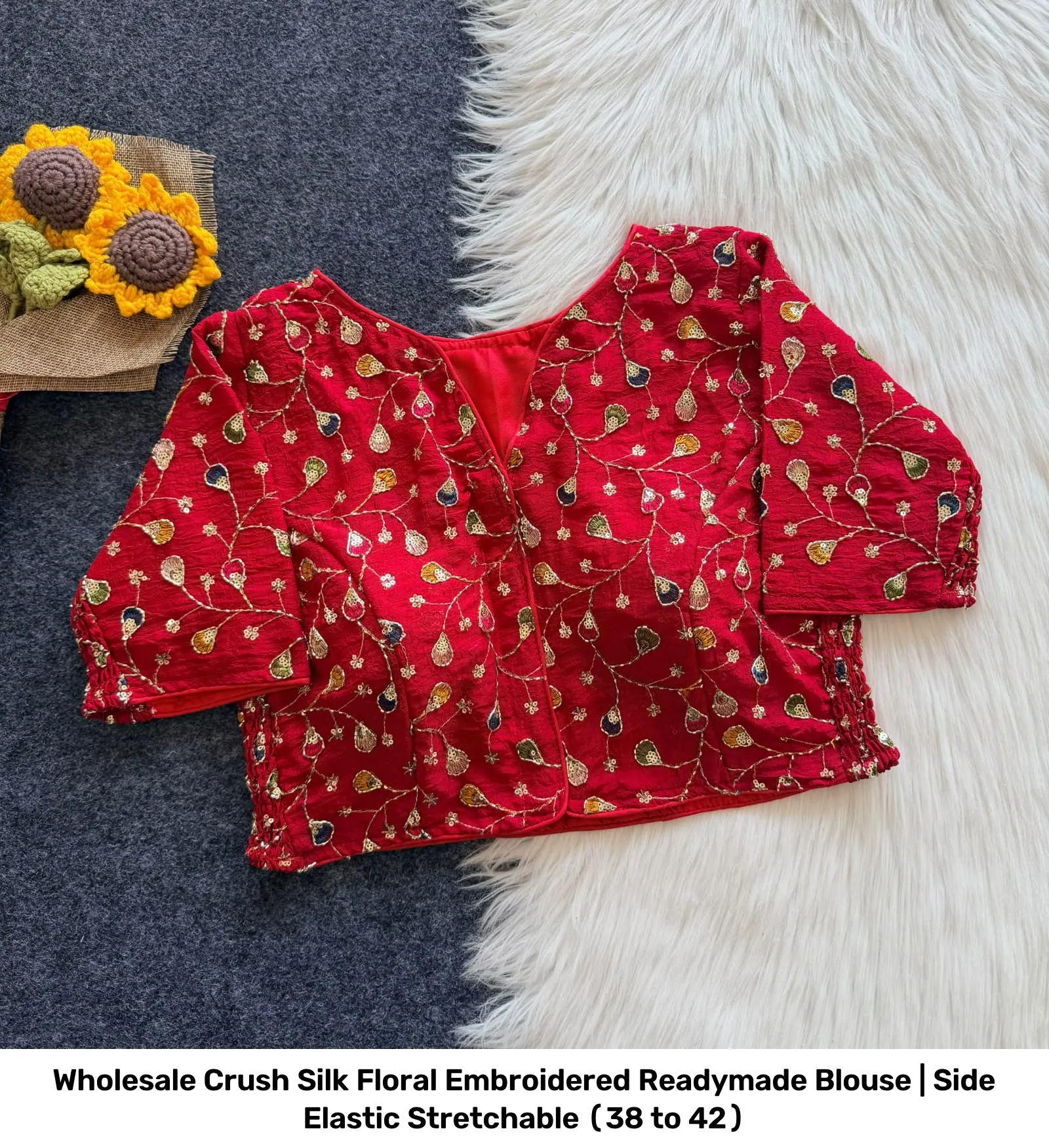 Wholesale Crush Silk Floral Embroidered Readymade Blouse | Side Elastic Stretchable (38 to 42) 3