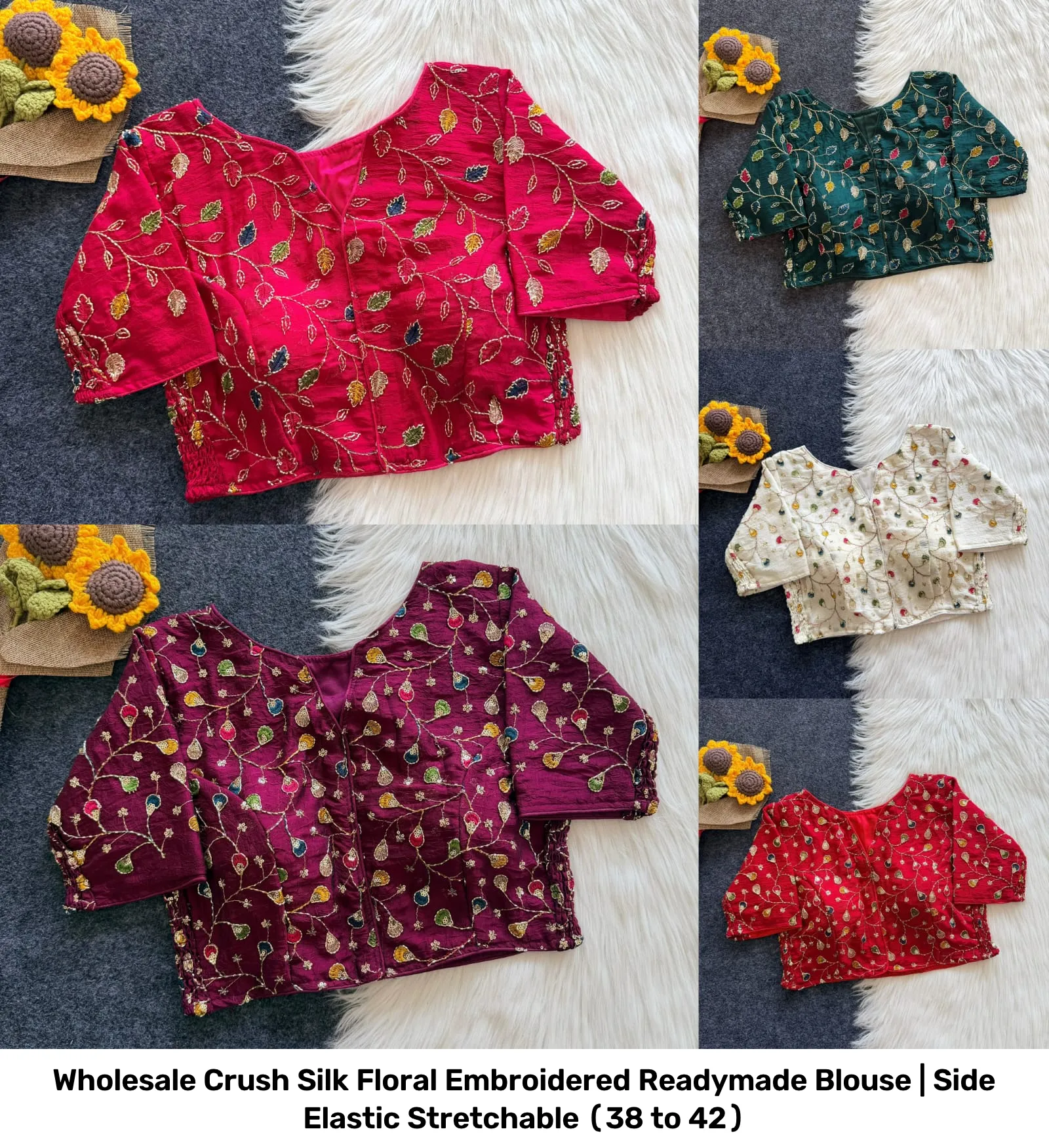 Wholesale Crush Silk Floral Embroidered Readymade Blouse | Side Elastic Stretchable (38 to 42) 4