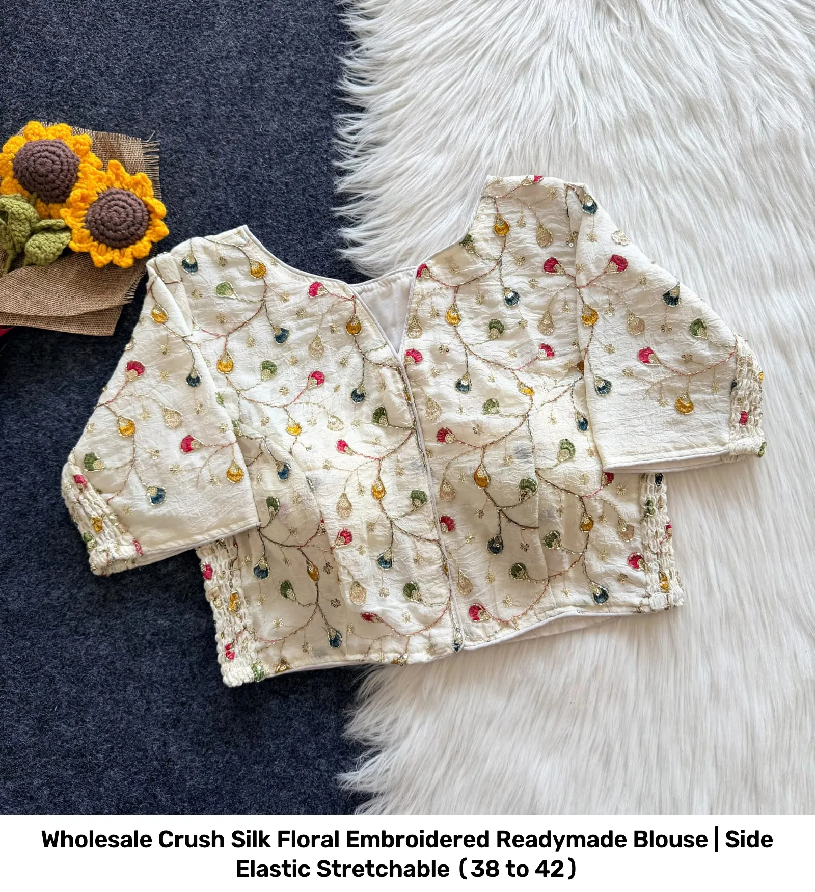 Wholesale Crush Silk Floral Embroidered Readymade Blouse | Side Elastic Stretchable (38 to 42) 5