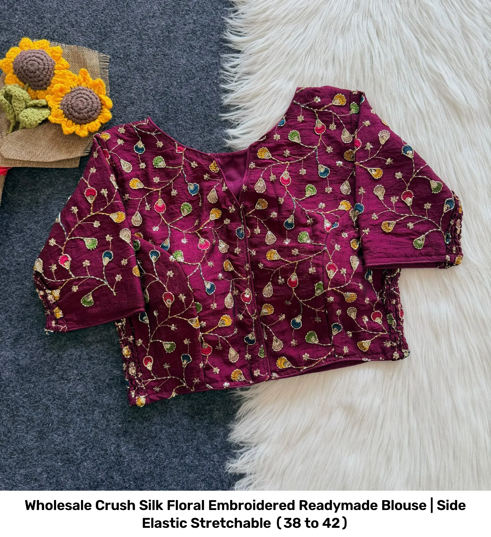 Wholesale Crush Silk Floral Embroidered Readymade Blouse | Side Elastic Stretchable (38 to 42) 6