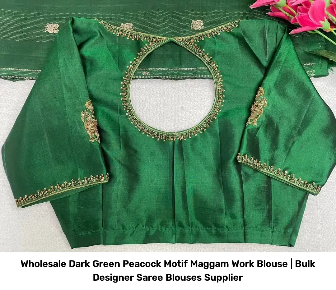Wholesale Dark Green Peacock Motif Maggam Work Blouse | Bulk Designer Saree Blouses Supplier 2