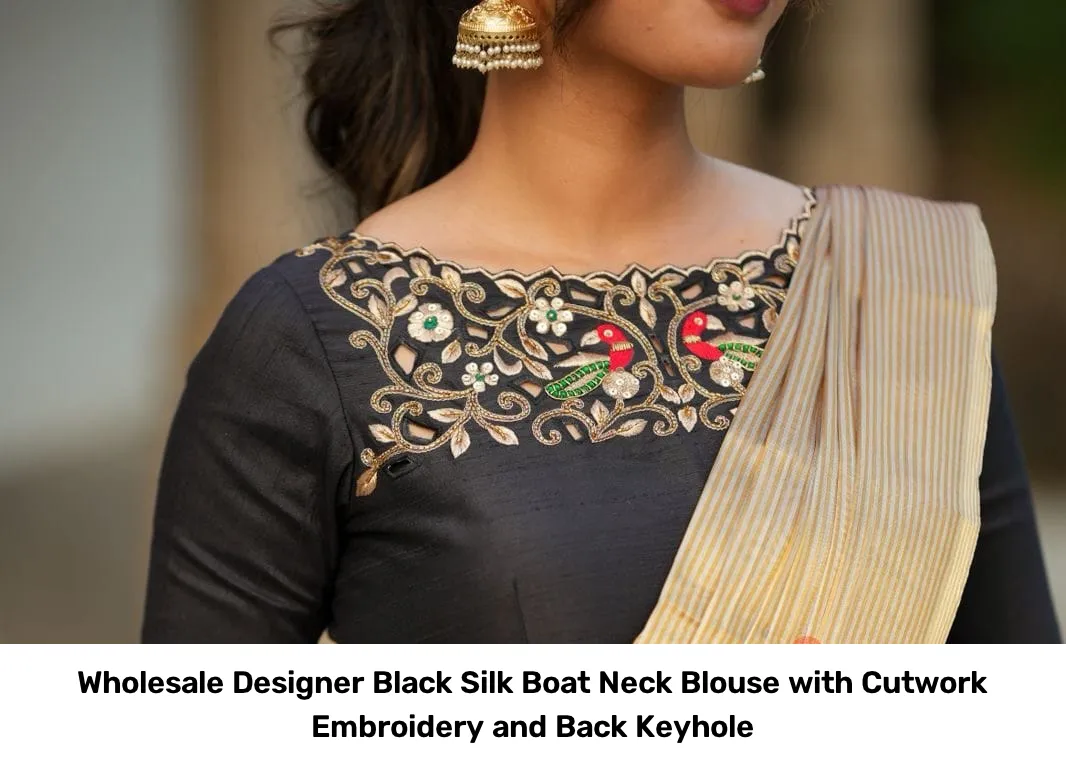 Wholesale Designer Black Silk Boat Neck Blouse with Cutwork Embroidery and Back Keyhole 2