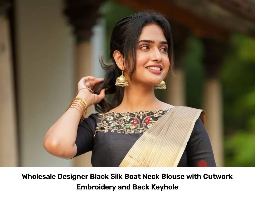 Wholesale Designer Black Silk Boat Neck Blouse with Cutwork Embroidery and Back Keyhole 3