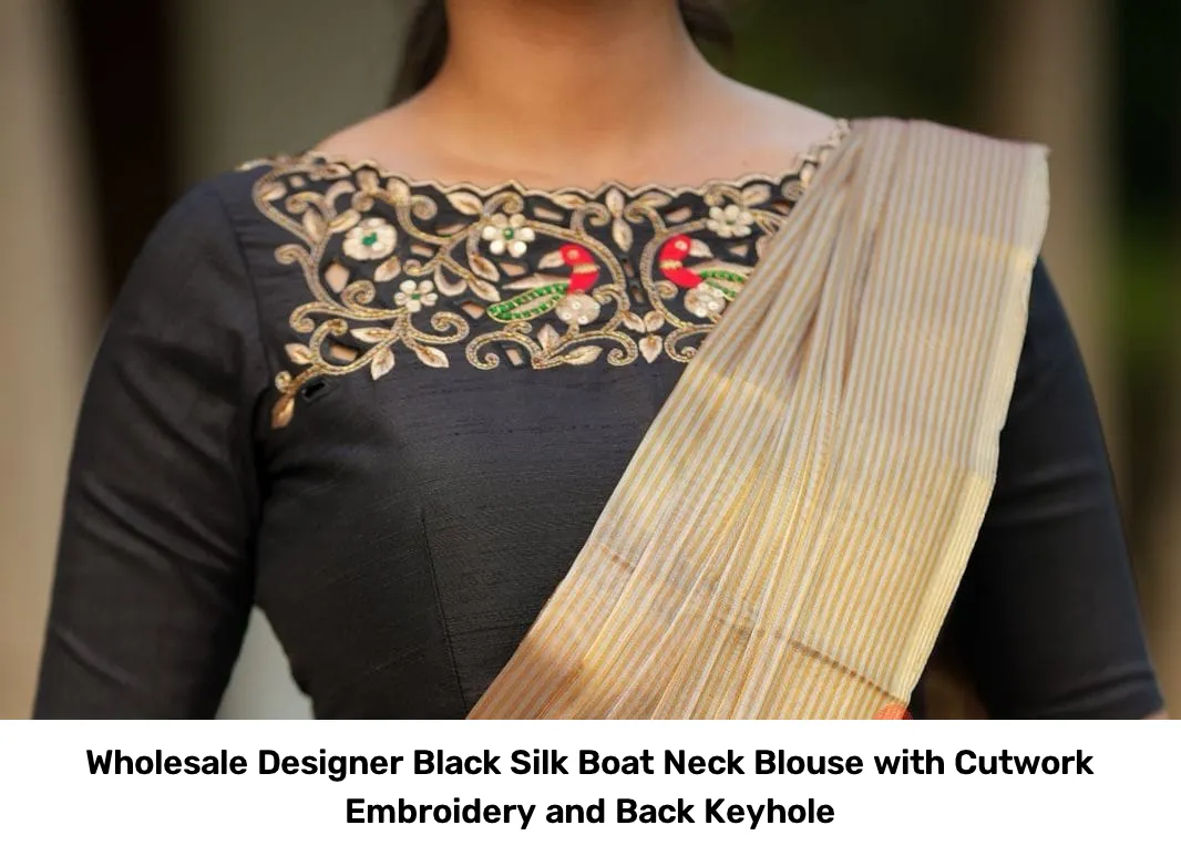 Wholesale Designer Black Silk Boat Neck Blouse with Cutwork Embroidery and Back Keyhole 4