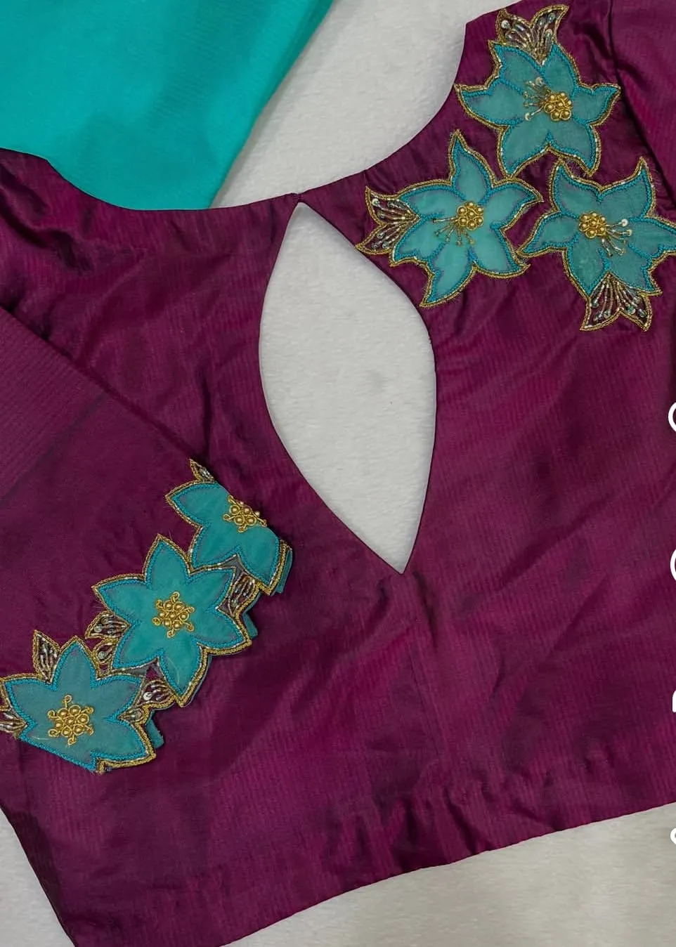Wholesale Designer Purple & Turquoise Silk Blouse with Floral Applique and Keyhole Back | Readymade Party Wear Blouses Online 1
