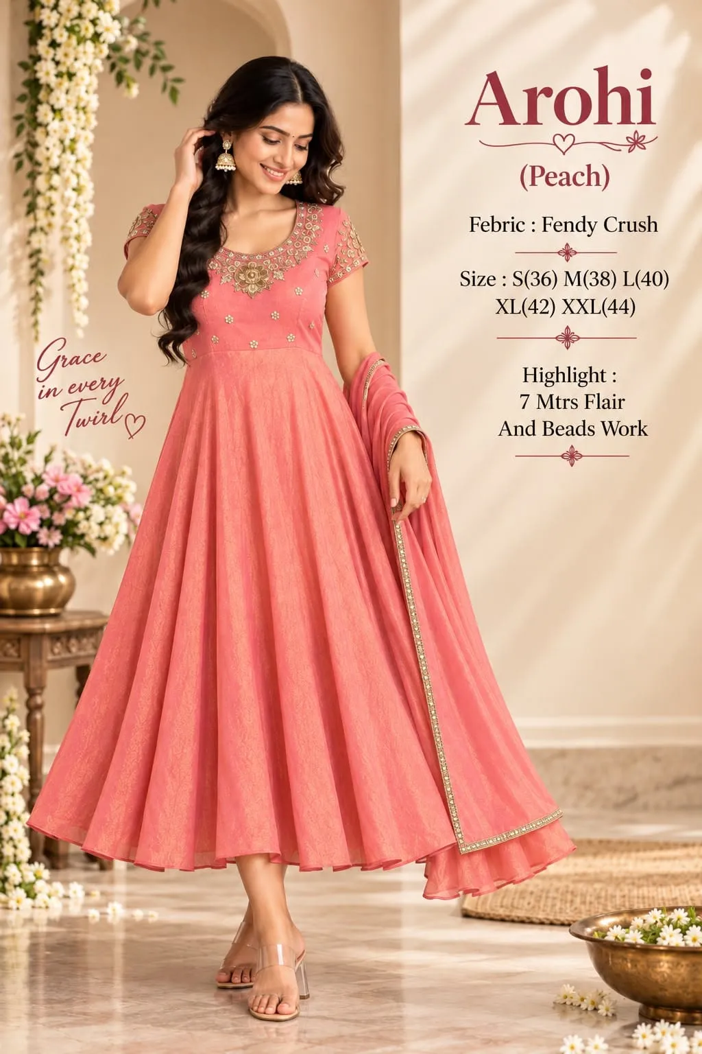 Wholesale Fendy Crush 7-Meter Heavy Flare Anarkali Suit Set with Zari Beadwork & Dupatta