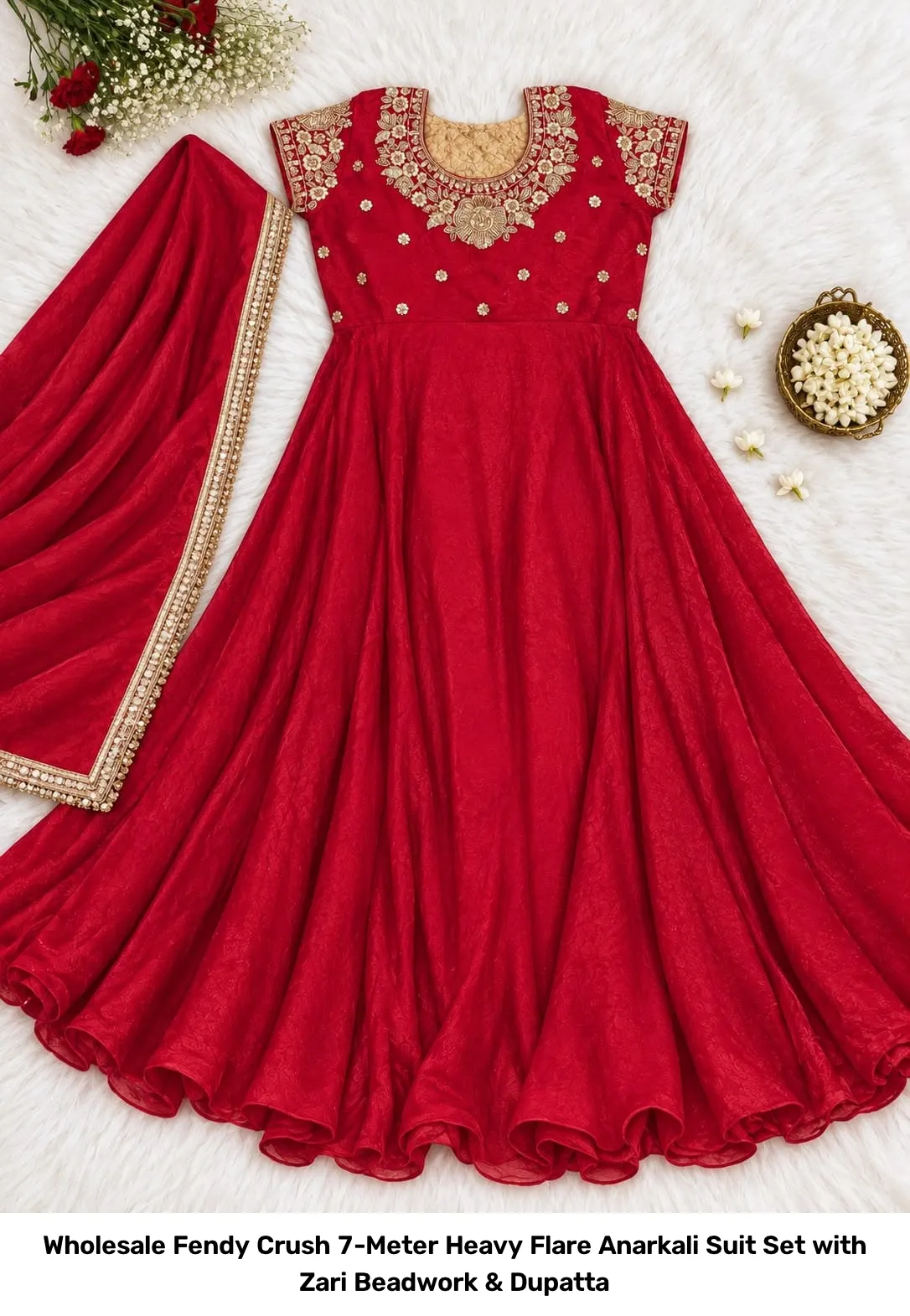Wholesale Fendy Crush 7-Meter Heavy Flare Anarkali Suit Set with Zari Beadwork & Dupatta 3