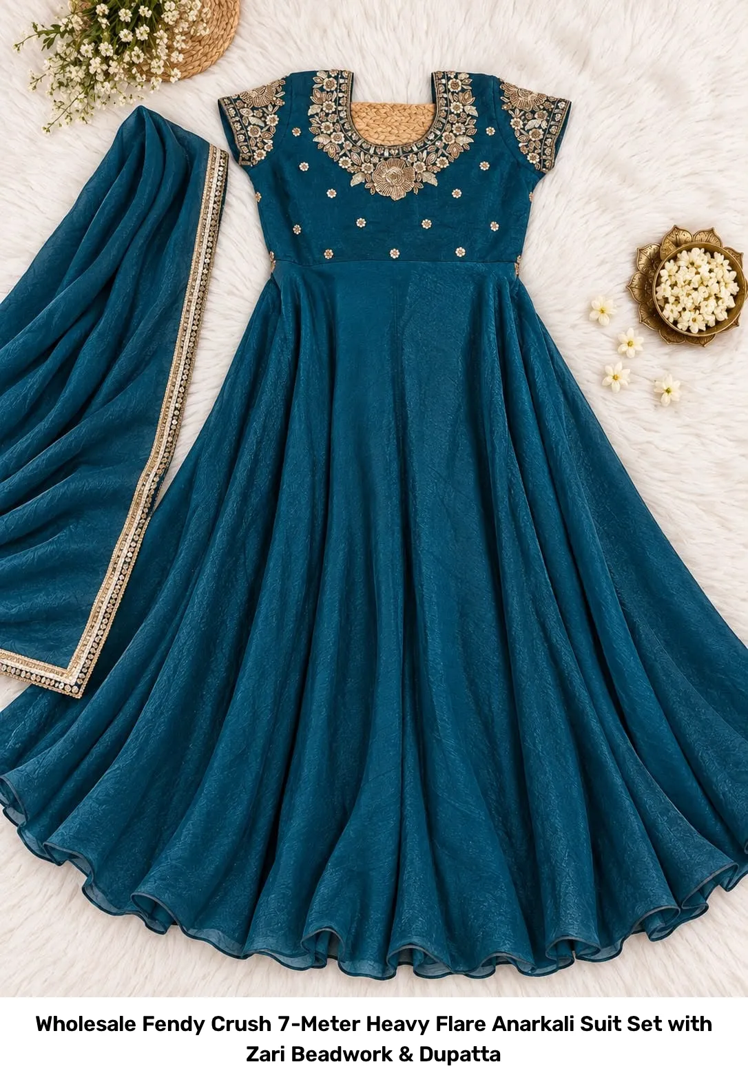 Wholesale Fendy Crush 7-Meter Heavy Flare Anarkali Suit Set with Zari Beadwork & Dupatta 4