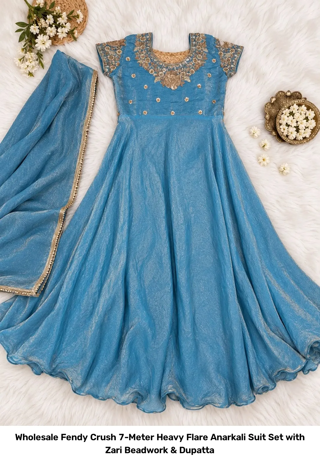 Wholesale Fendy Crush 7-Meter Heavy Flare Anarkali Suit Set with Zari Beadwork & Dupatta 5