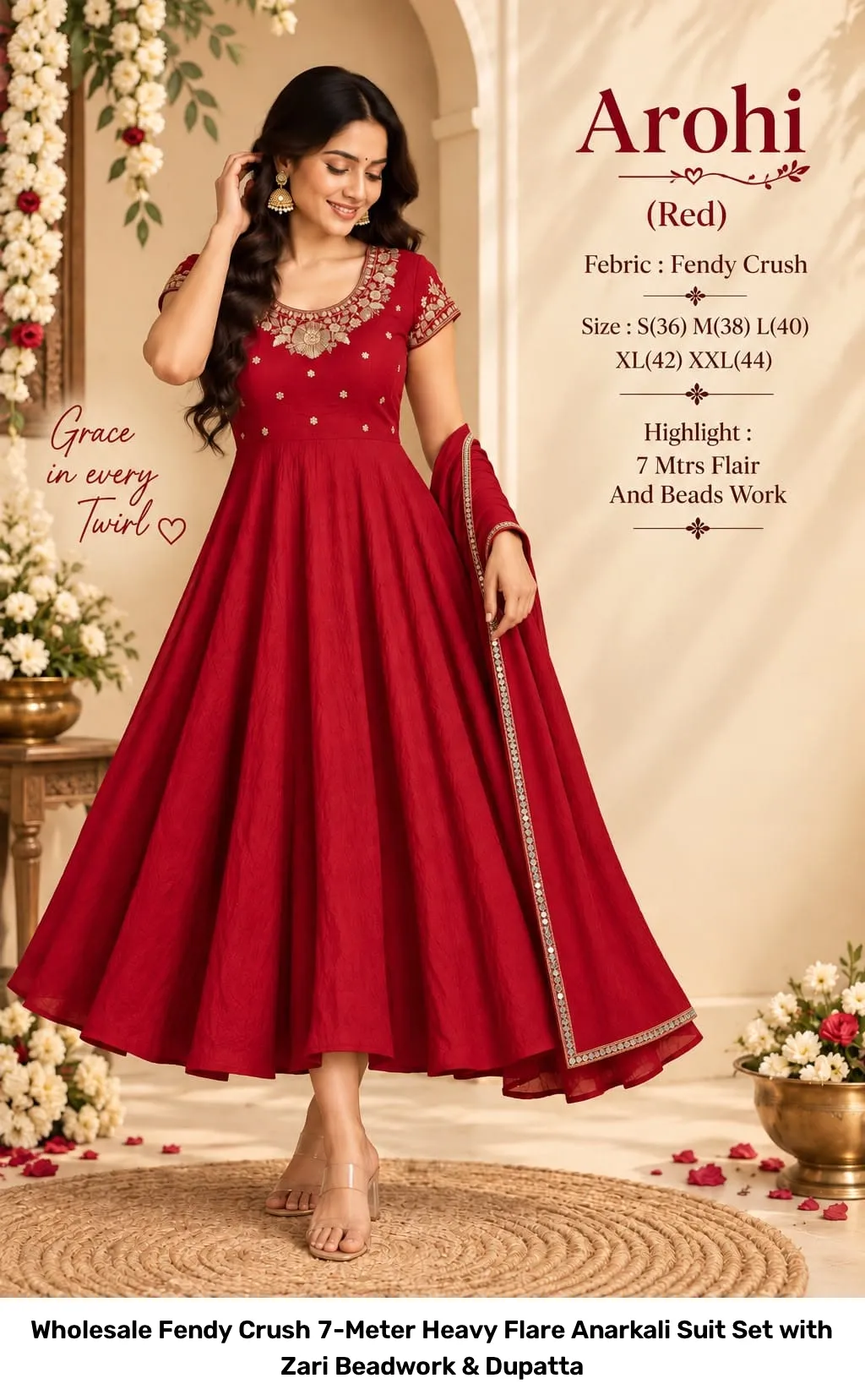 Wholesale Fendy Crush 7-Meter Heavy Flare Anarkali Suit Set with Zari Beadwork & Dupatta 6