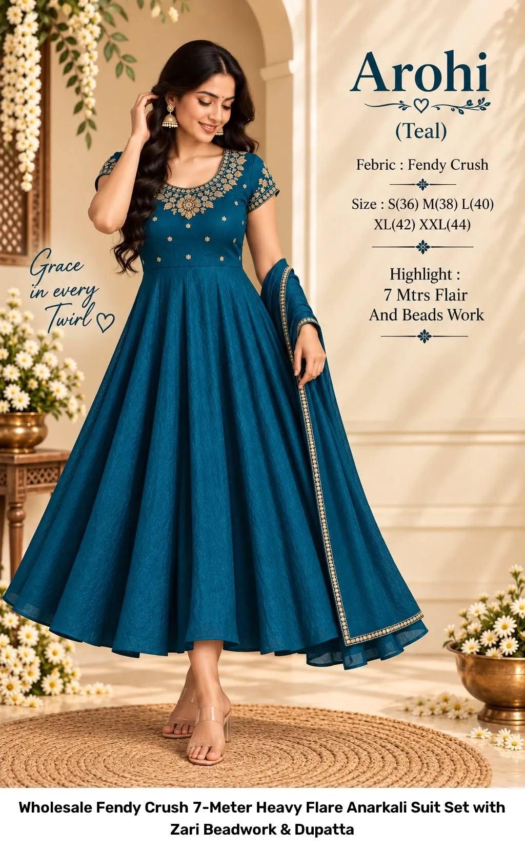 Wholesale Fendy Crush 7-Meter Heavy Flare Anarkali Suit Set with Zari Beadwork & Dupatta 7
