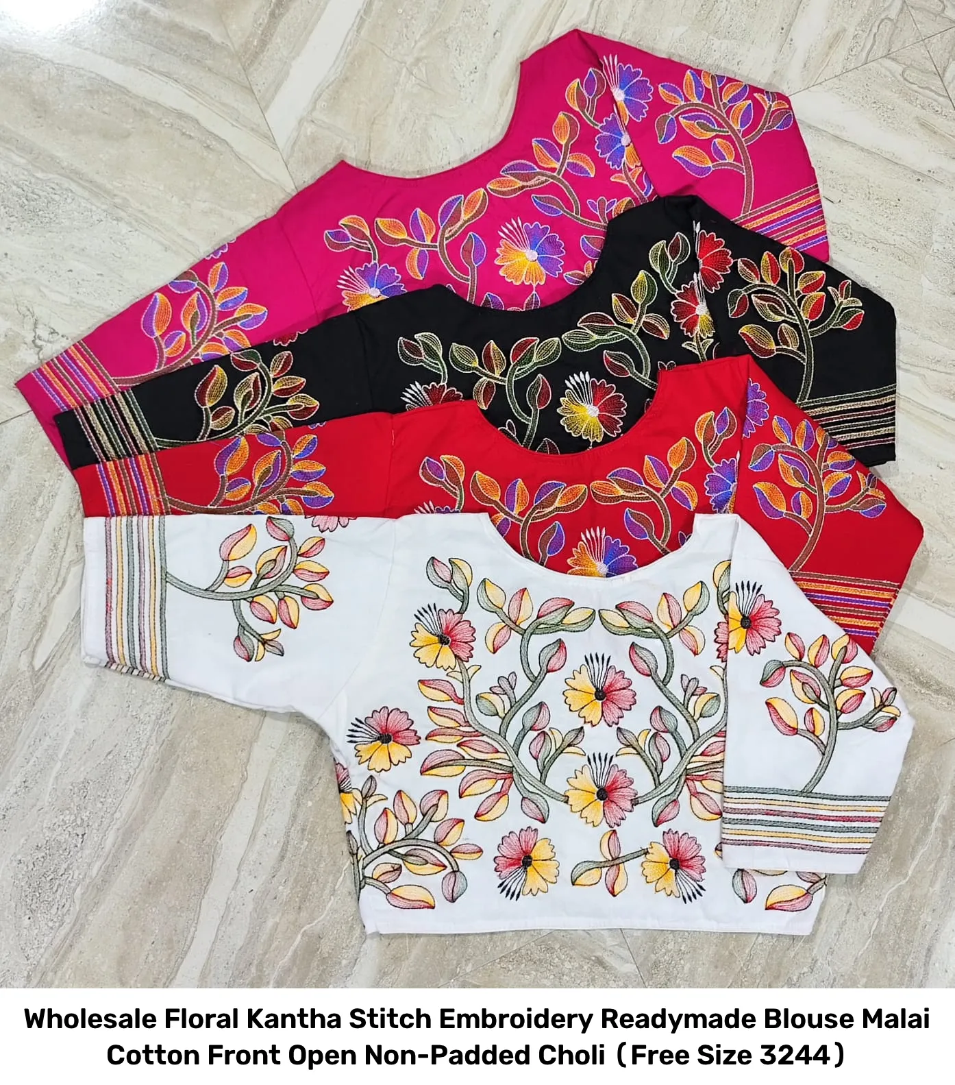 Wholesale Floral Kantha Stitch Embroidery Readymade Blouse – Malai Cotton Front Open Non-Padded Choli (Free Size 32–44) 2