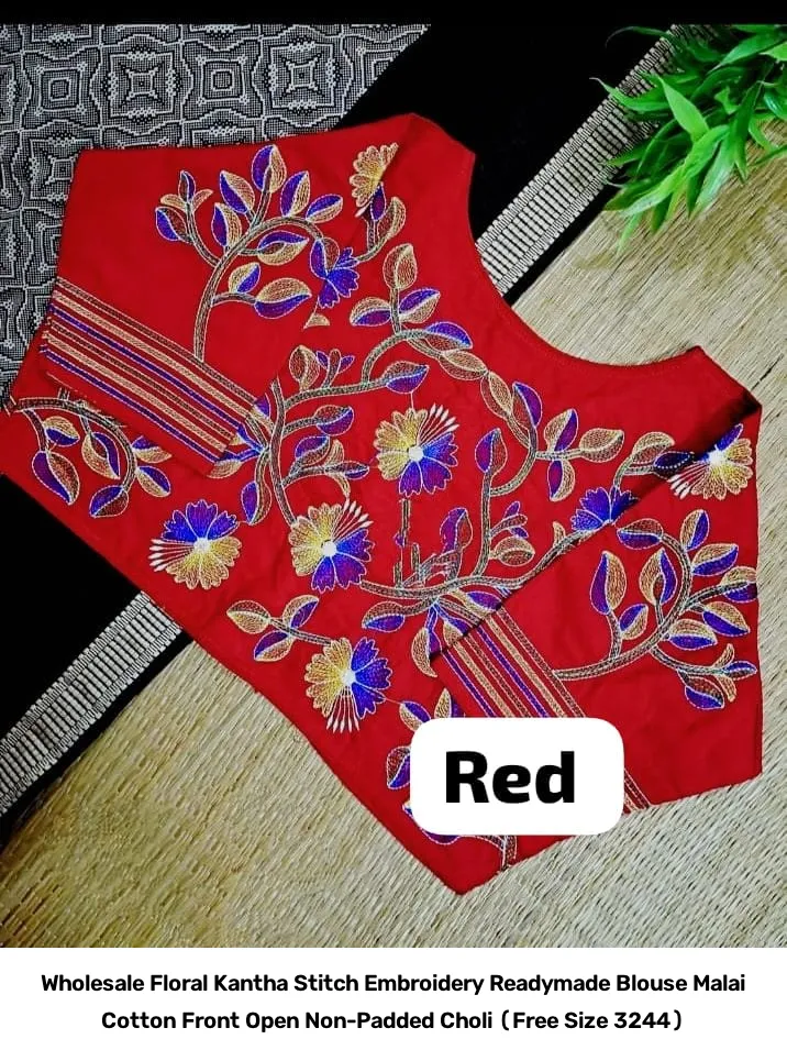 Wholesale Floral Kantha Stitch Embroidery Readymade Blouse – Malai Cotton Front Open Non-Padded Choli (Free Size 32–44) 3
