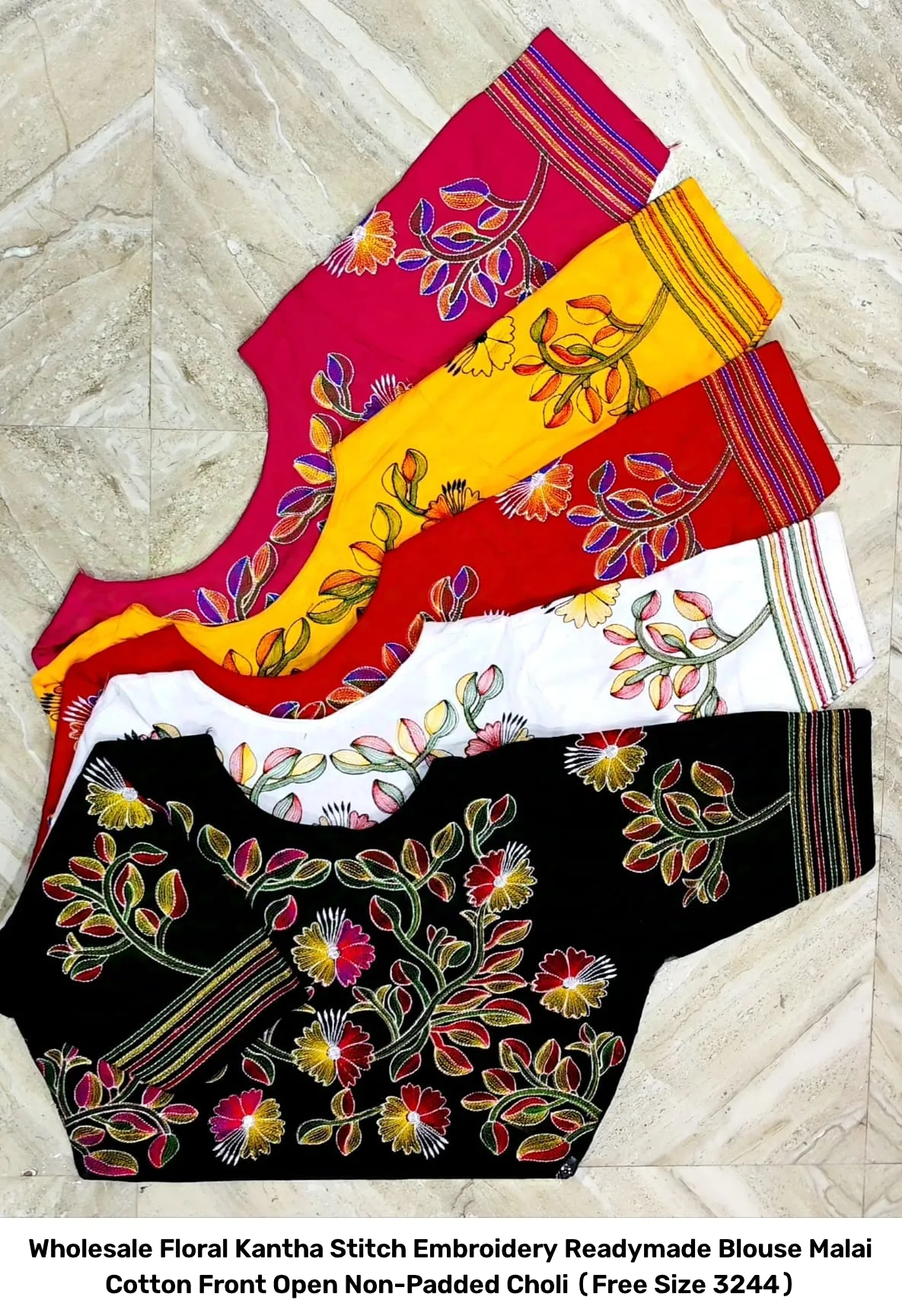 Wholesale Floral Kantha Stitch Embroidery Readymade Blouse – Malai Cotton Front Open Non-Padded Choli (Free Size 32–44) 4