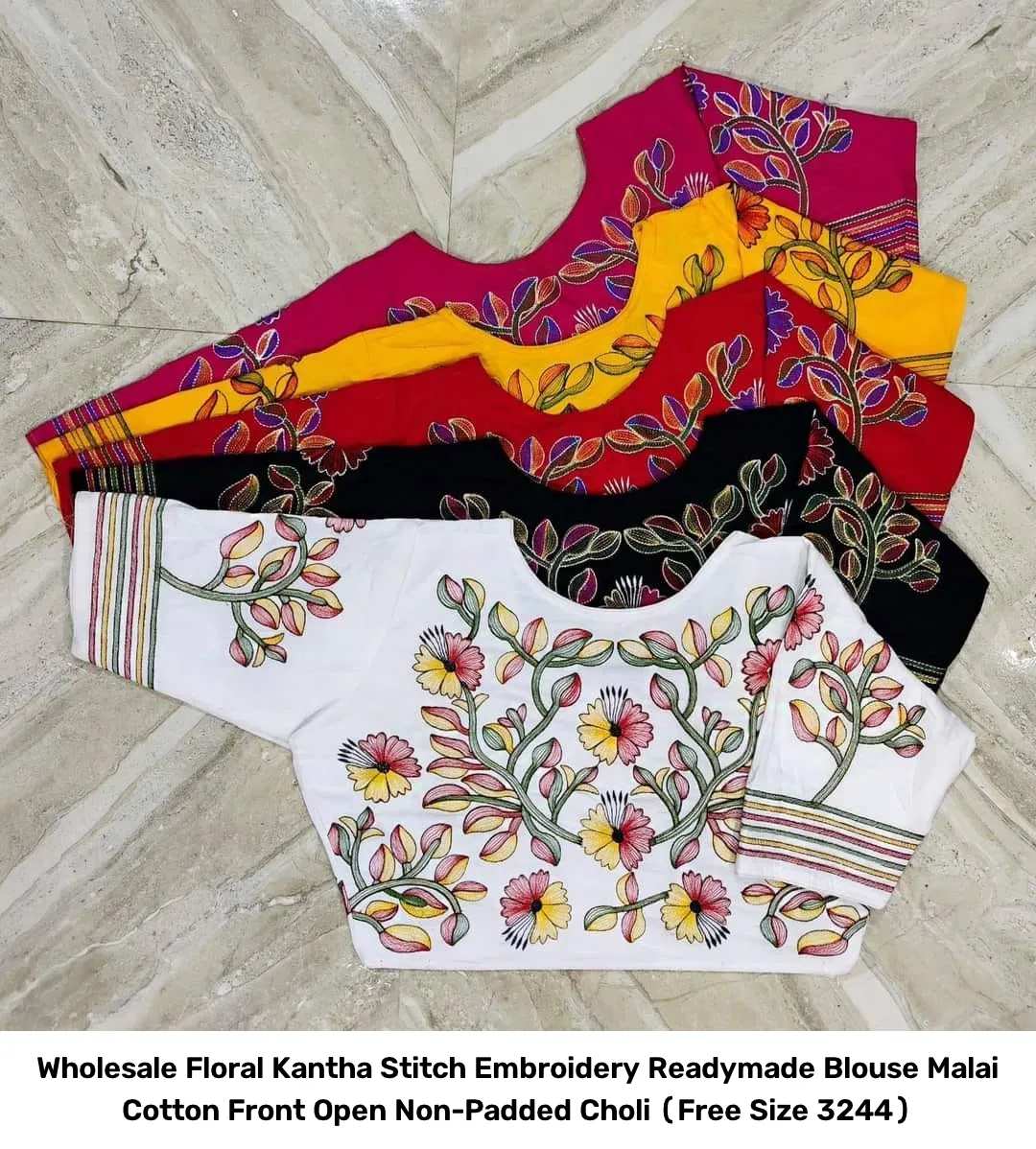 Wholesale Floral Kantha Stitch Embroidery Readymade Blouse – Malai Cotton Front Open Non-Padded Choli (Free Size 32–44) 5
