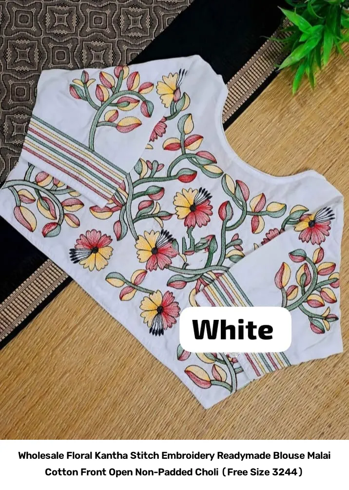 Wholesale Floral Kantha Stitch Embroidery Readymade Blouse – Malai Cotton Front Open Non-Padded Choli (Free Size 32–44) 7