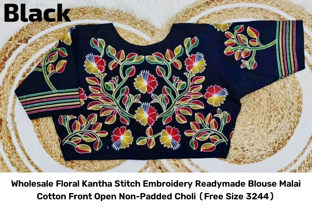 Wholesale Floral Kantha Stitch Embroidery Readymade Blouse – Malai Cotton Front Open Non-Padded Choli (Free Size 32–44) 8