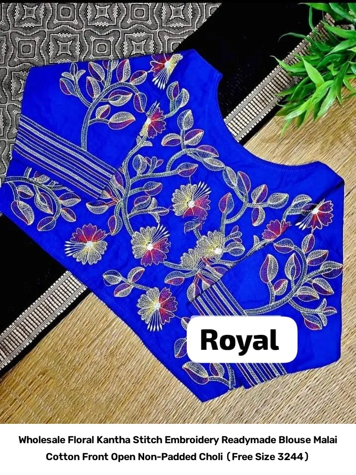 Wholesale Floral Kantha Stitch Embroidery Readymade Blouse – Malai Cotton Front Open Non-Padded Choli (Free Size 32–44) 9