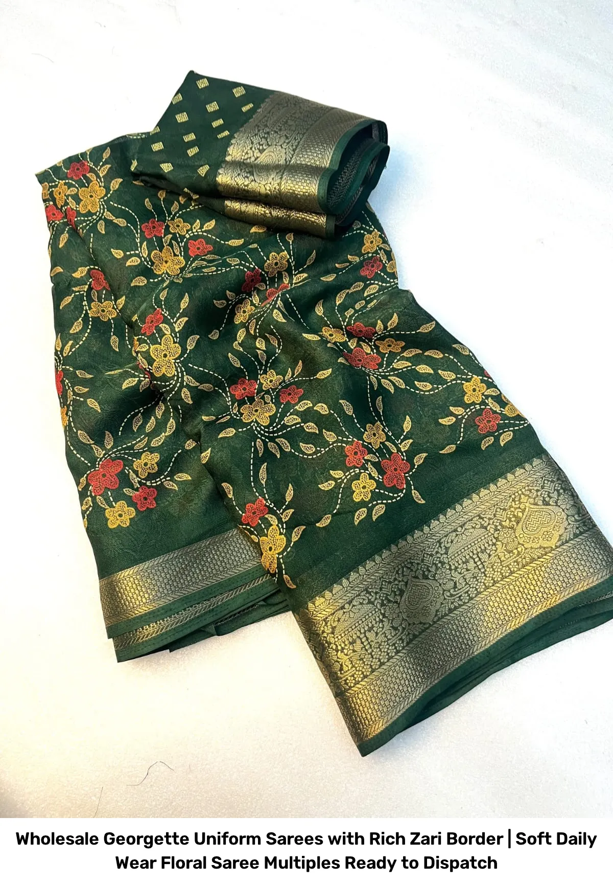 Wholesale Georgette Uniform Sarees with Rich Zari Border | Soft Daily Wear Floral Saree Multiples Ready to Dispatch 3