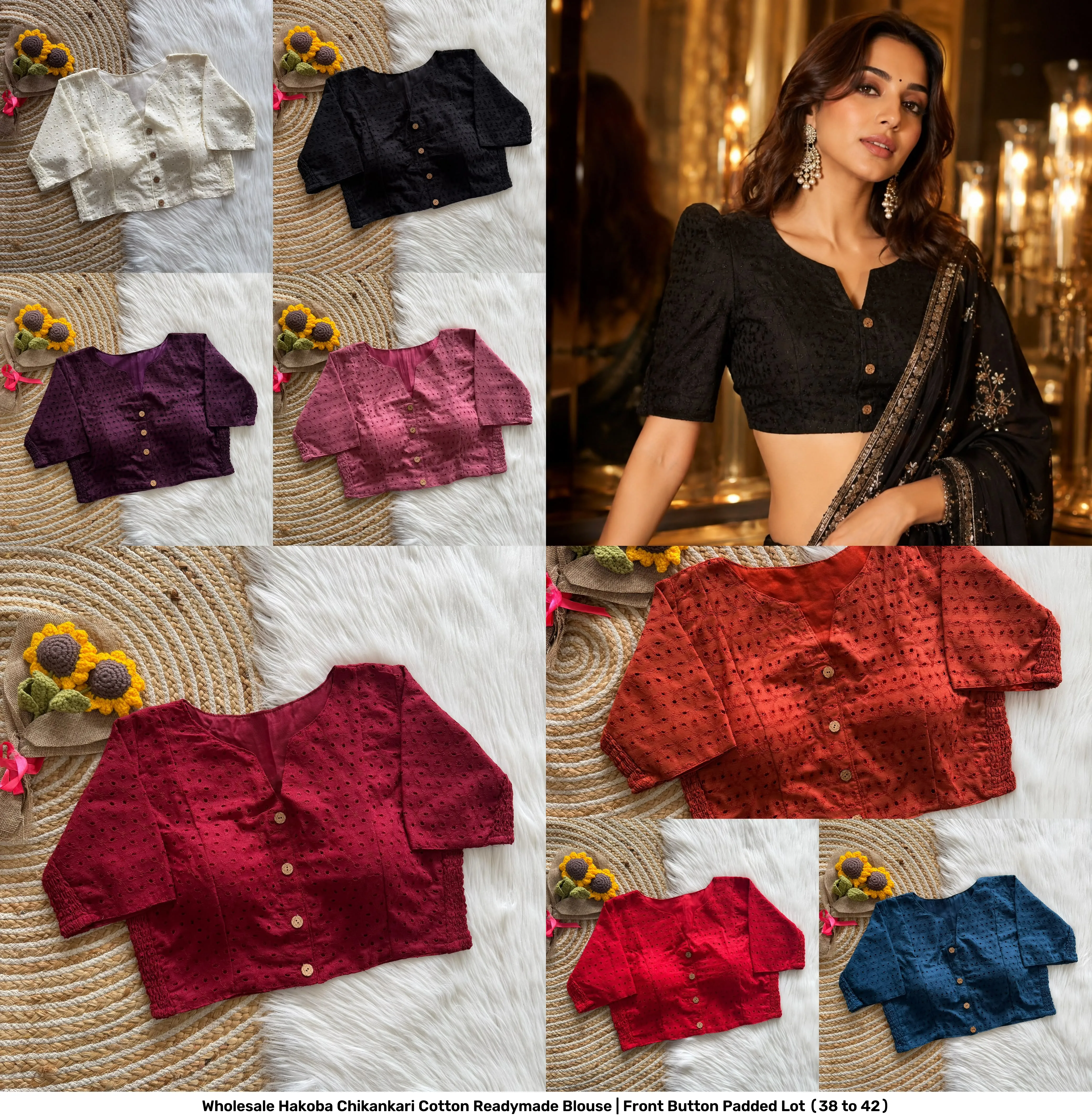 Wholesale Hakoba Chikankari Cotton Readymade Blouse | Front Button Padded Lot (38 to 42) 9